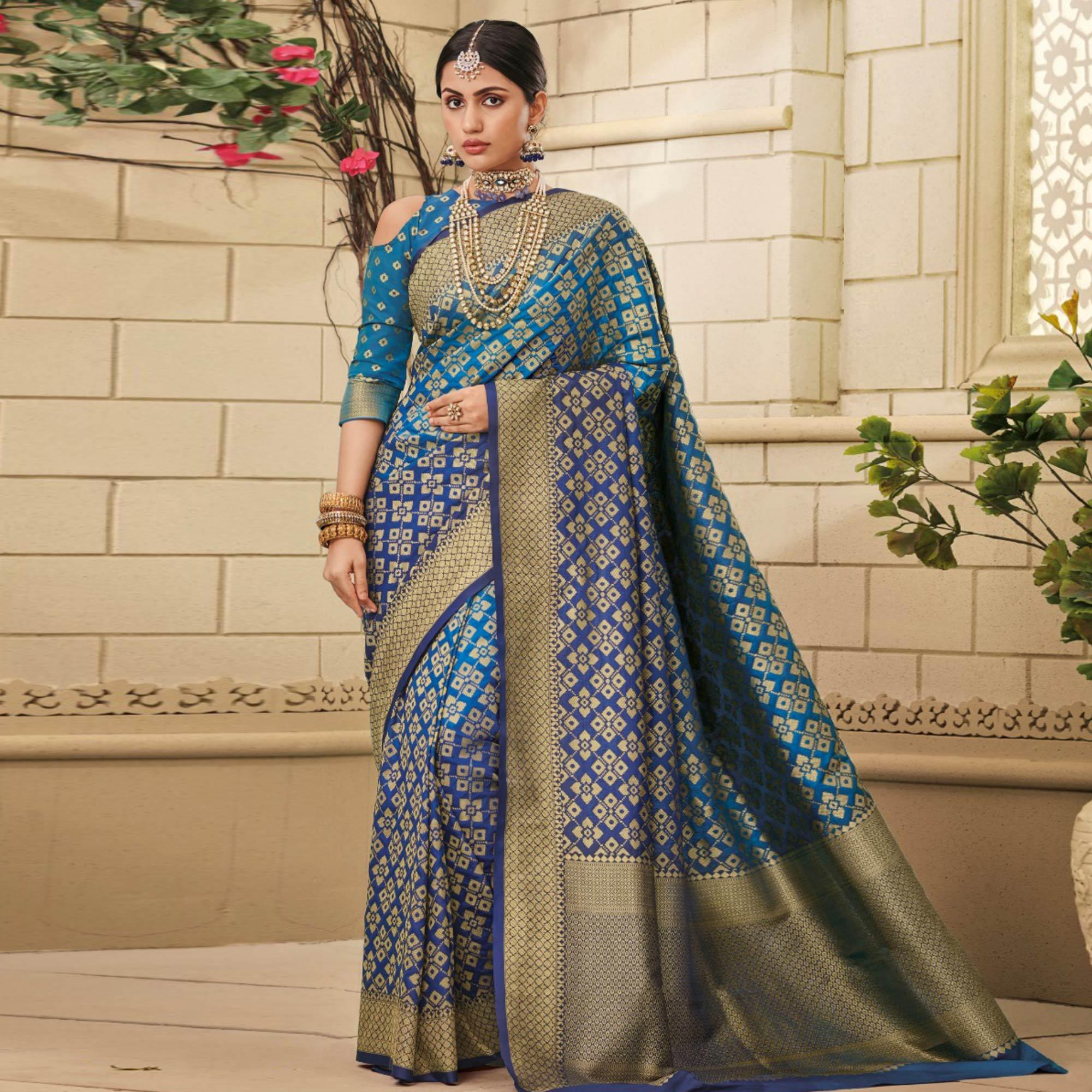 Energetic Blue Colored Festive Wear Woven Soft Silk Saree - Peachmode