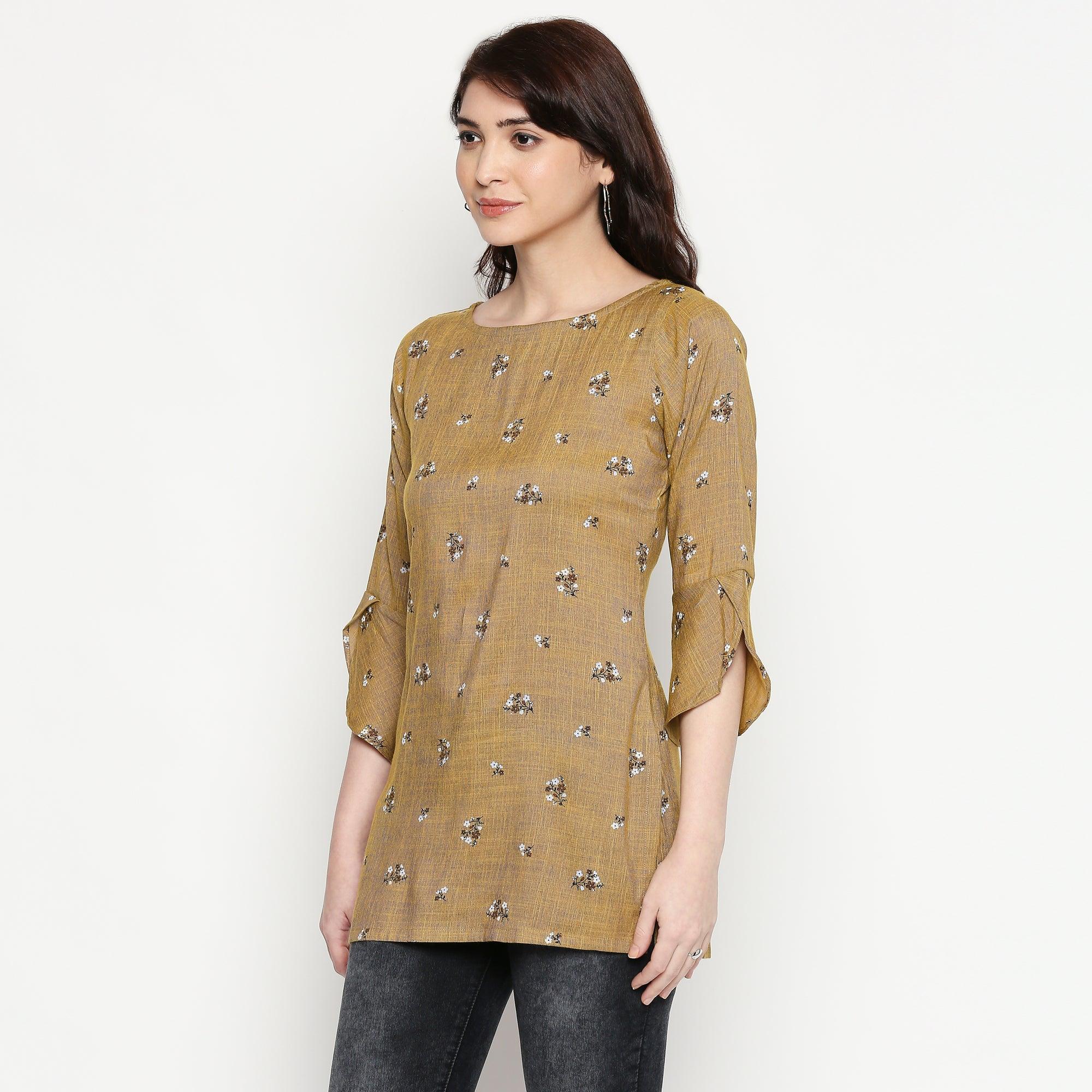 Energetic Brown Colored Casual Wear Printed Cotton Western Top - Peachmode