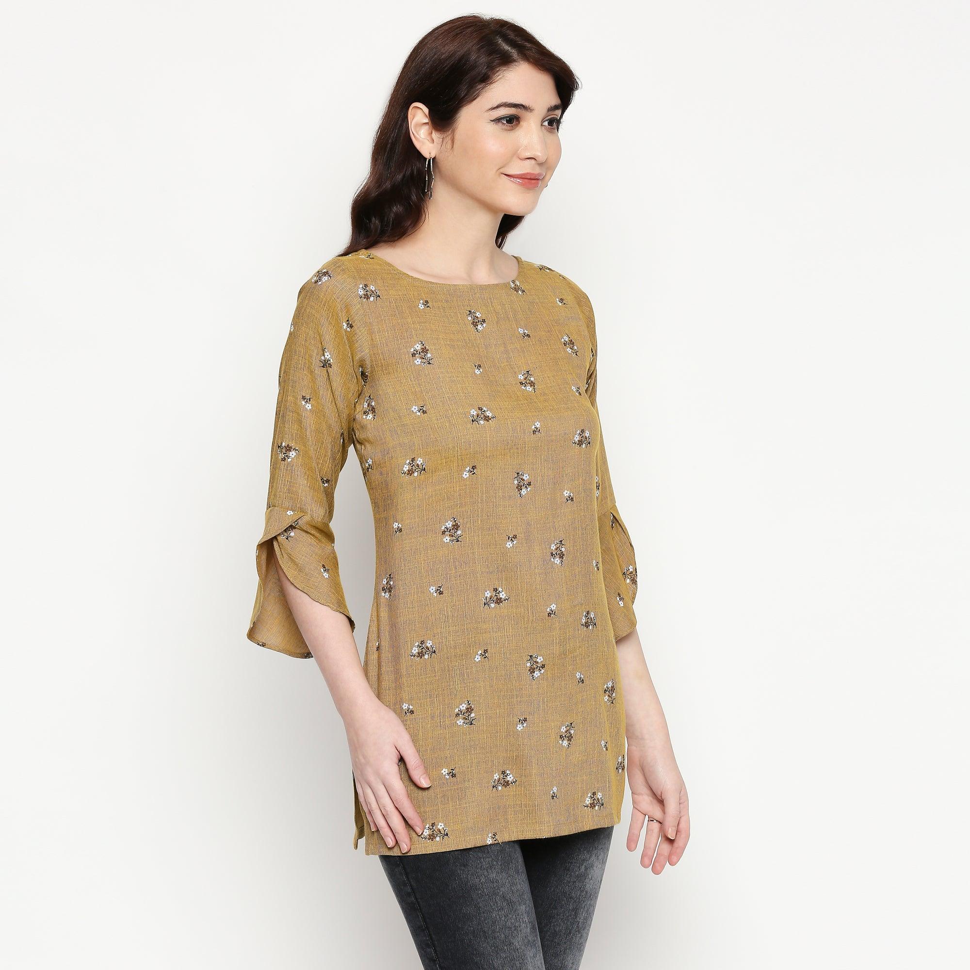 Energetic Brown Colored Casual Wear Printed Cotton Western Top - Peachmode