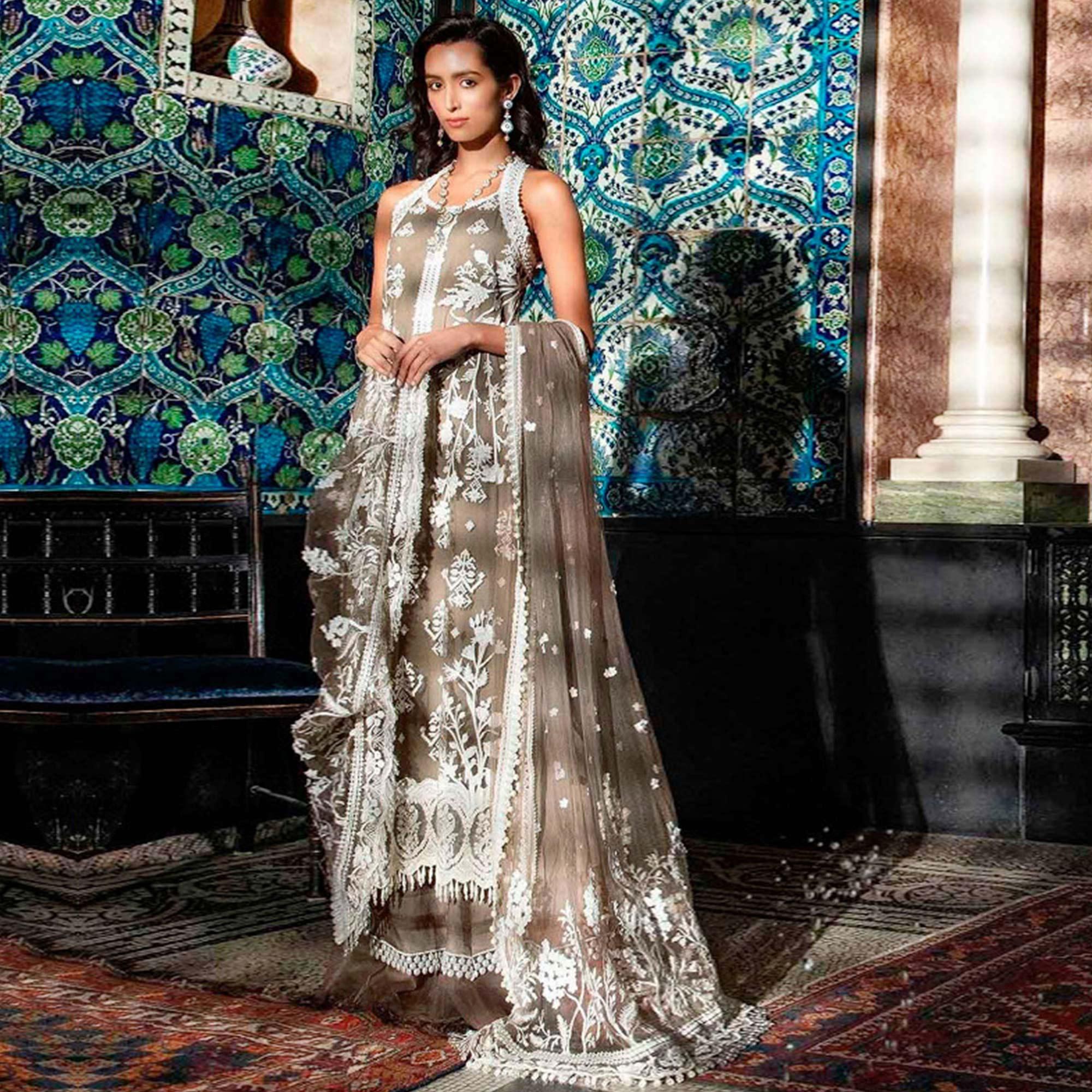 Energetic Brown Colored Partywear Embroidered Netted Palazzo Suit - Peachmode