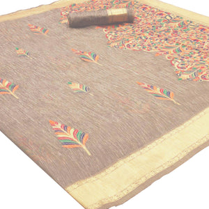 Energetic Cream Colored Partywear Printed Linen Saree - Peachmode