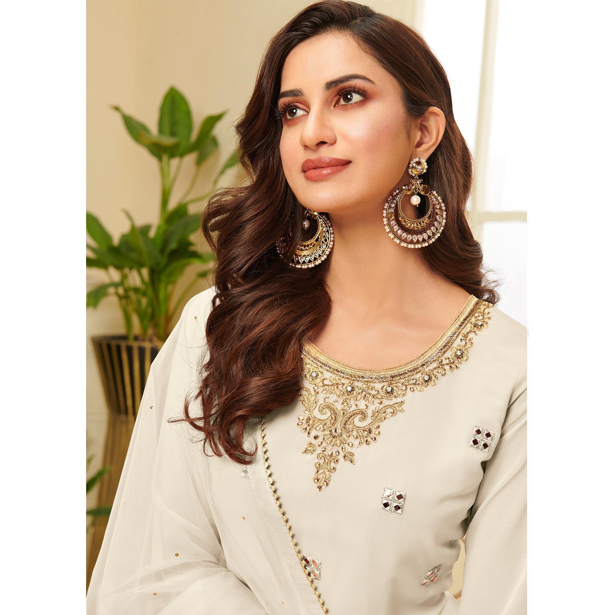 Energetic Cream Coloured Partywear Gota Work Georgette Palazzo Suit - Peachmode