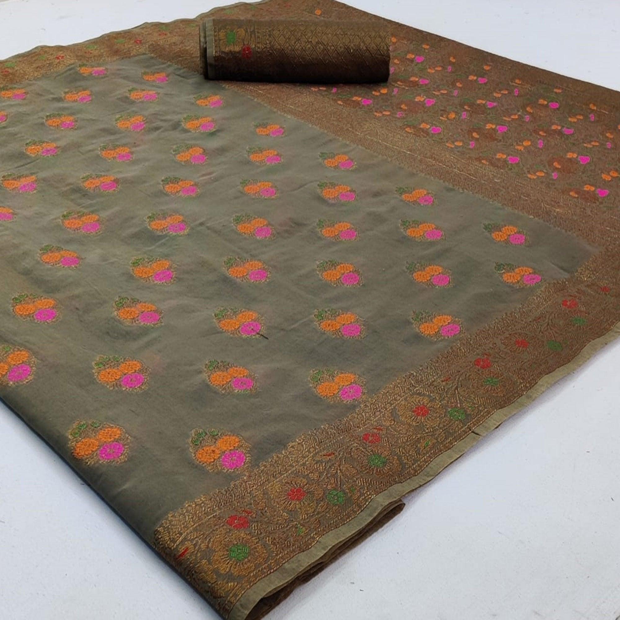 Energetic Dark Grey Colored Festive Wear Woven Cotton Saree - Peachmode