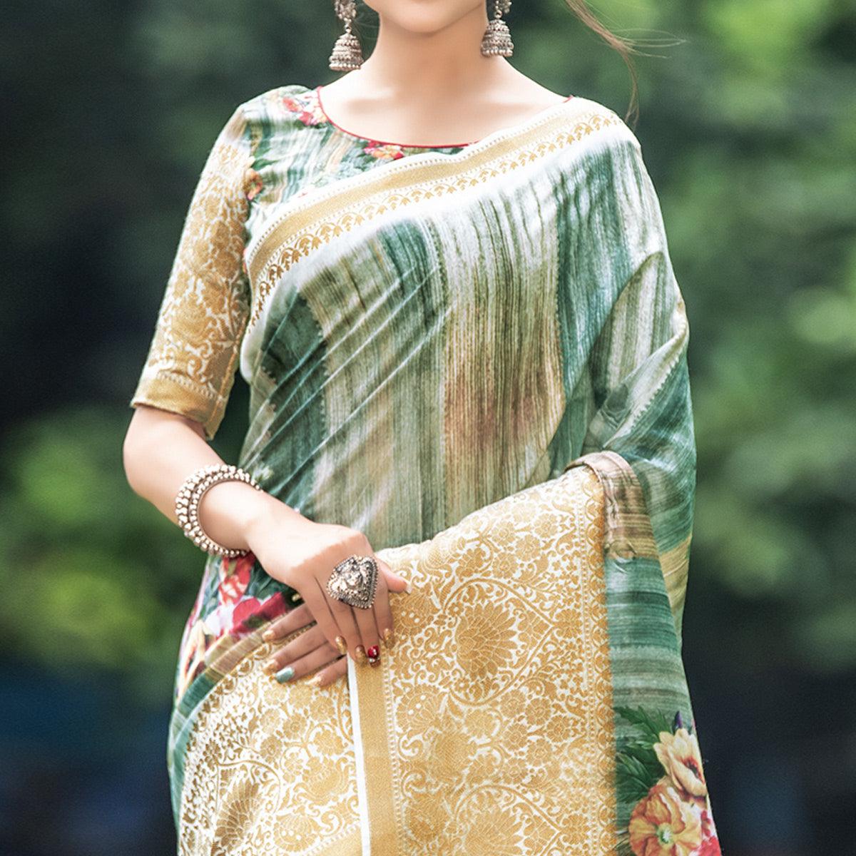 Energetic Green-Beige Colored Partywear Digital Printed Organza Saree - Peachmode