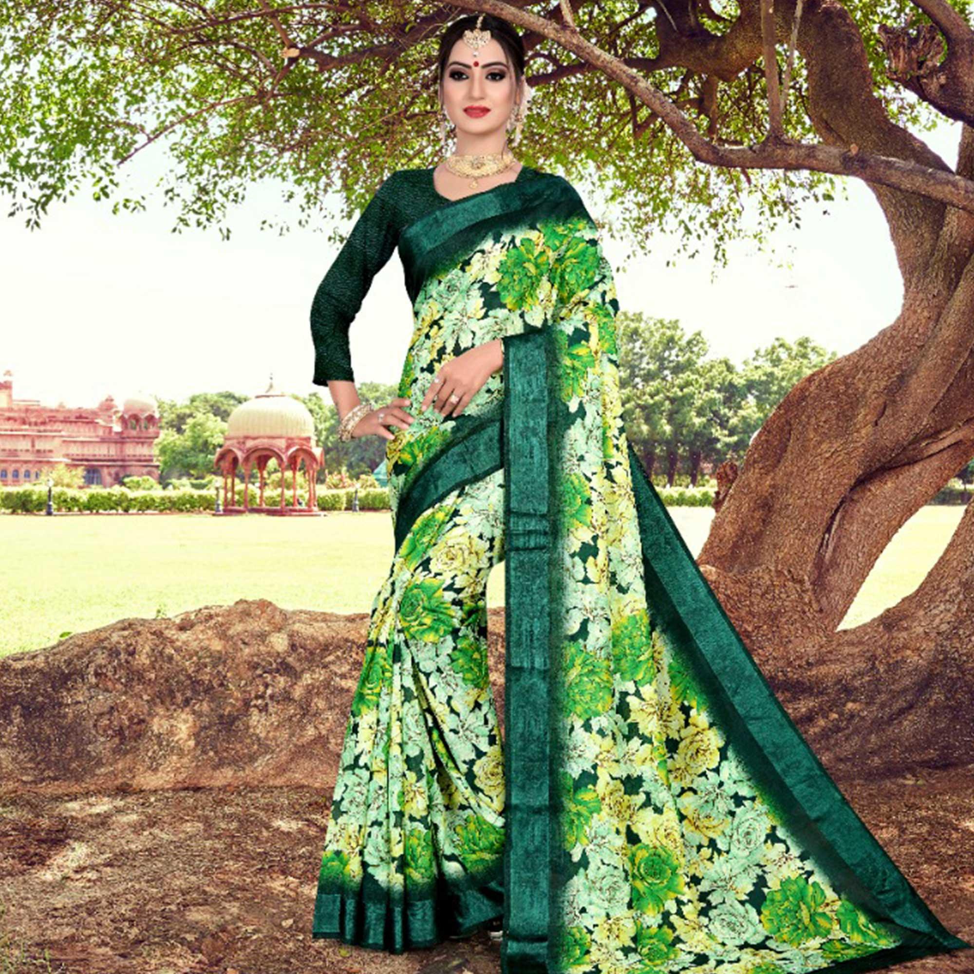 Energetic Green Colored Casual Printed Cotton Saree - Peachmode