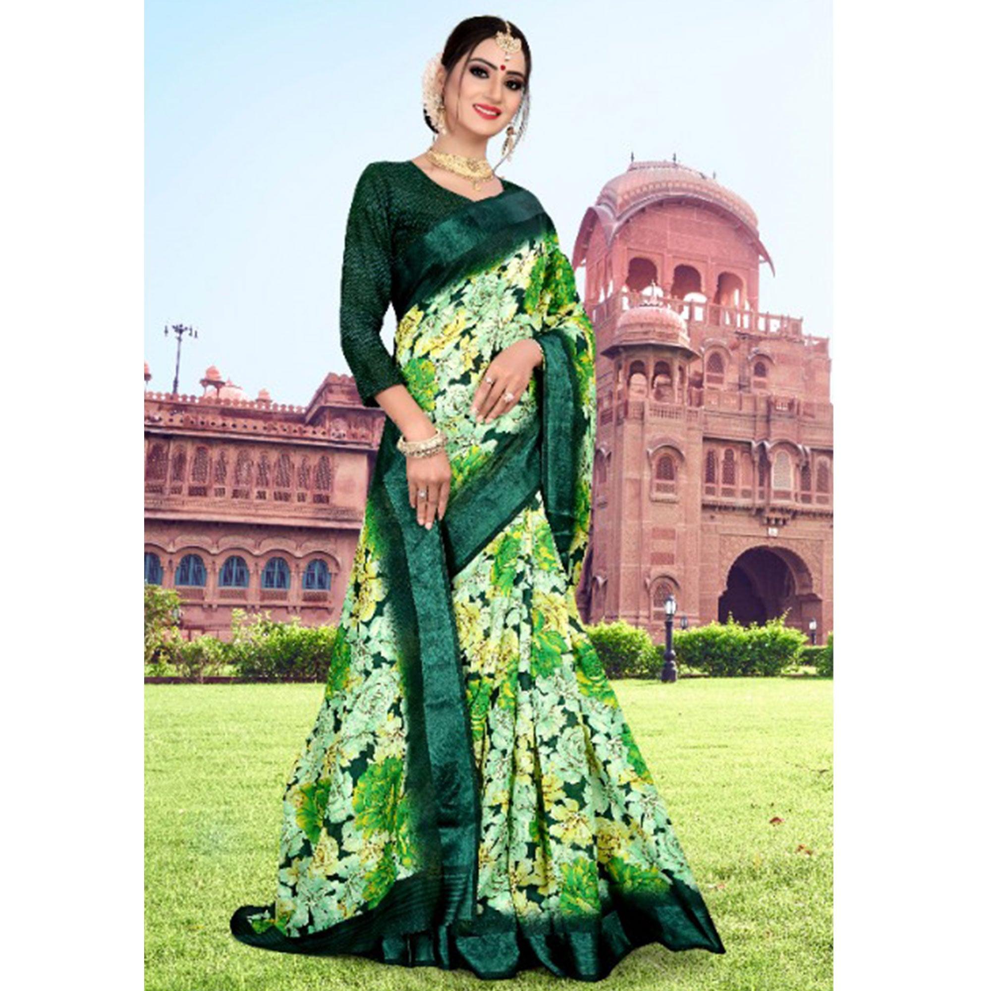 Energetic Green Colored Casual Printed Cotton Saree - Peachmode
