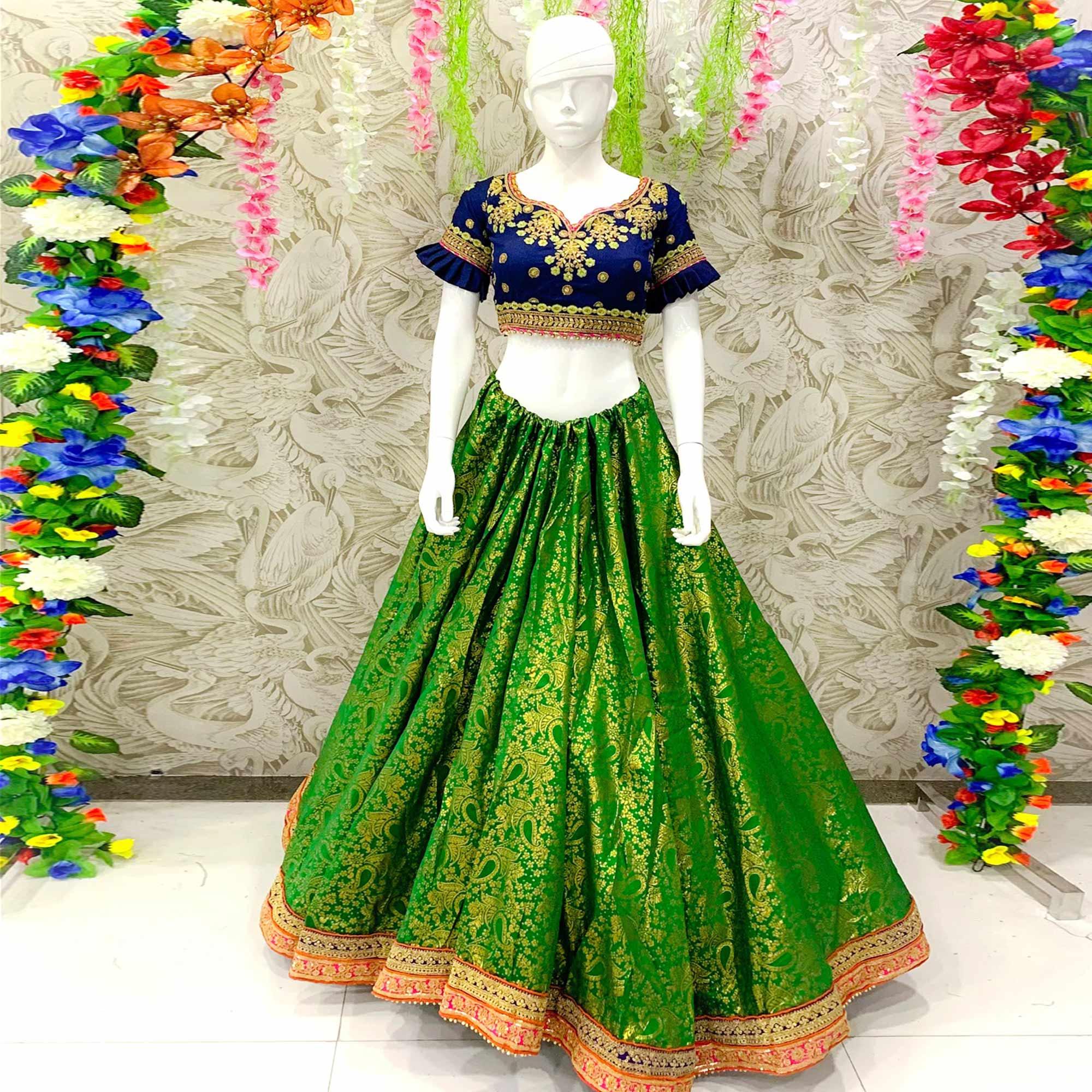 Energetic Green Colored Designer Wedding Wear Woven Banarasi Silk Lehenga Choli - Peachmode