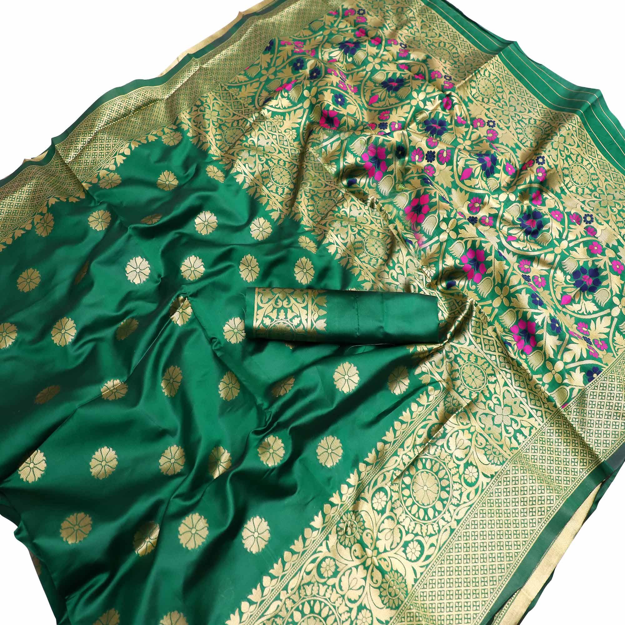Energetic Green Colored Festive Wear Woven Banarasi Silk Saree - Peachmode