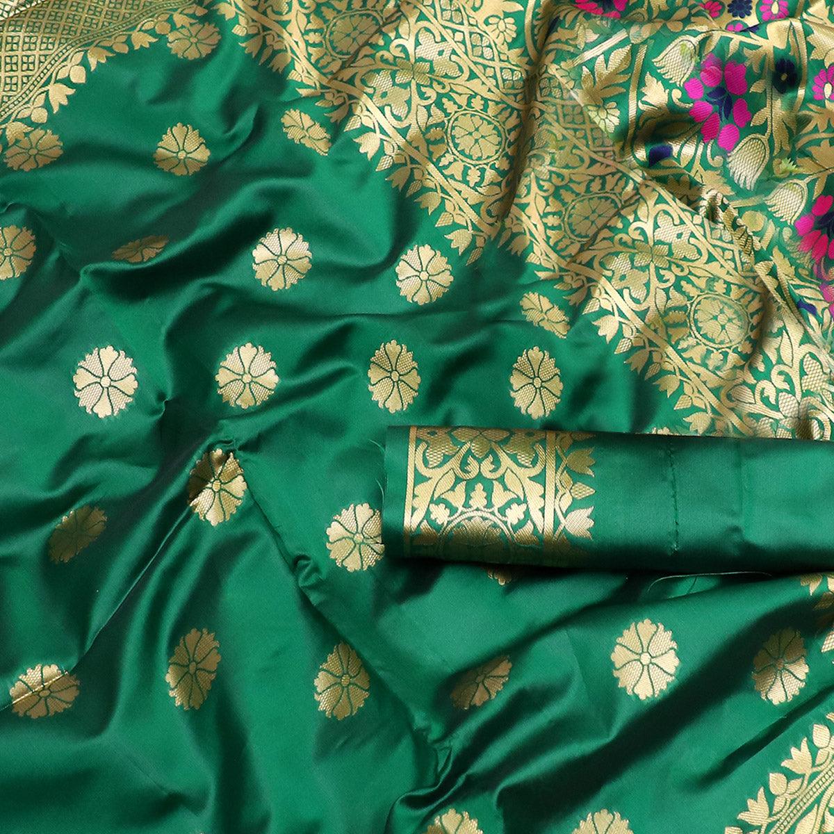 Energetic Green Colored Festive Wear Woven Banarasi Silk Saree - Peachmode