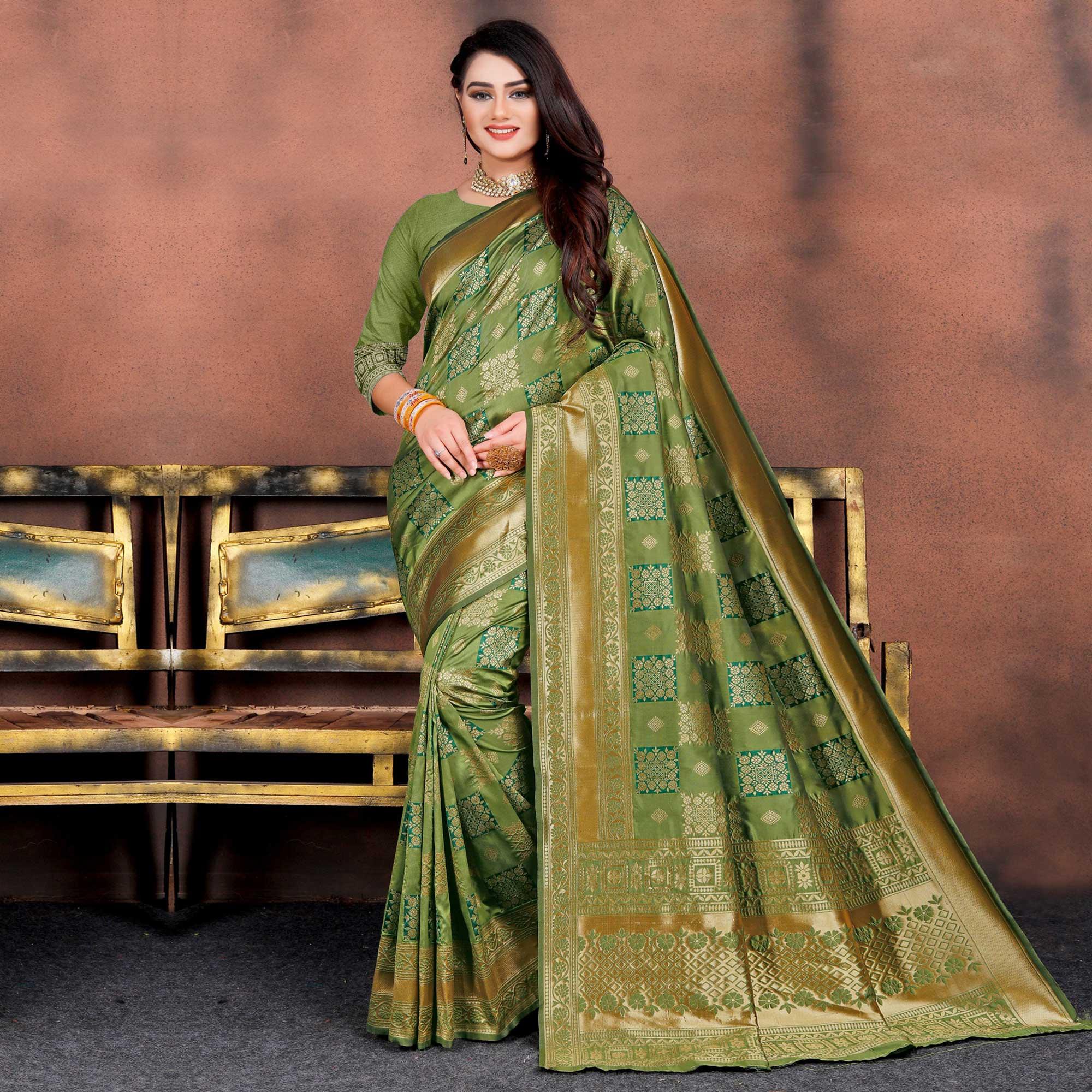 Energetic Green Colored Festive Wear Woven Silk Saree - Peachmode