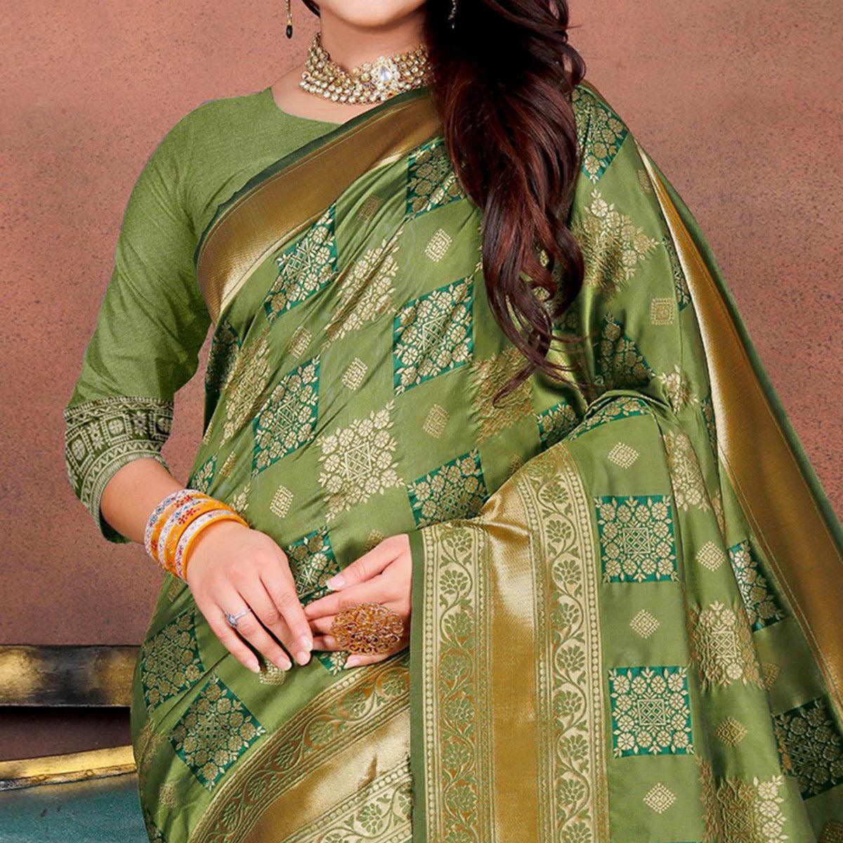 Energetic Green Colored Festive Wear Woven Silk Saree - Peachmode