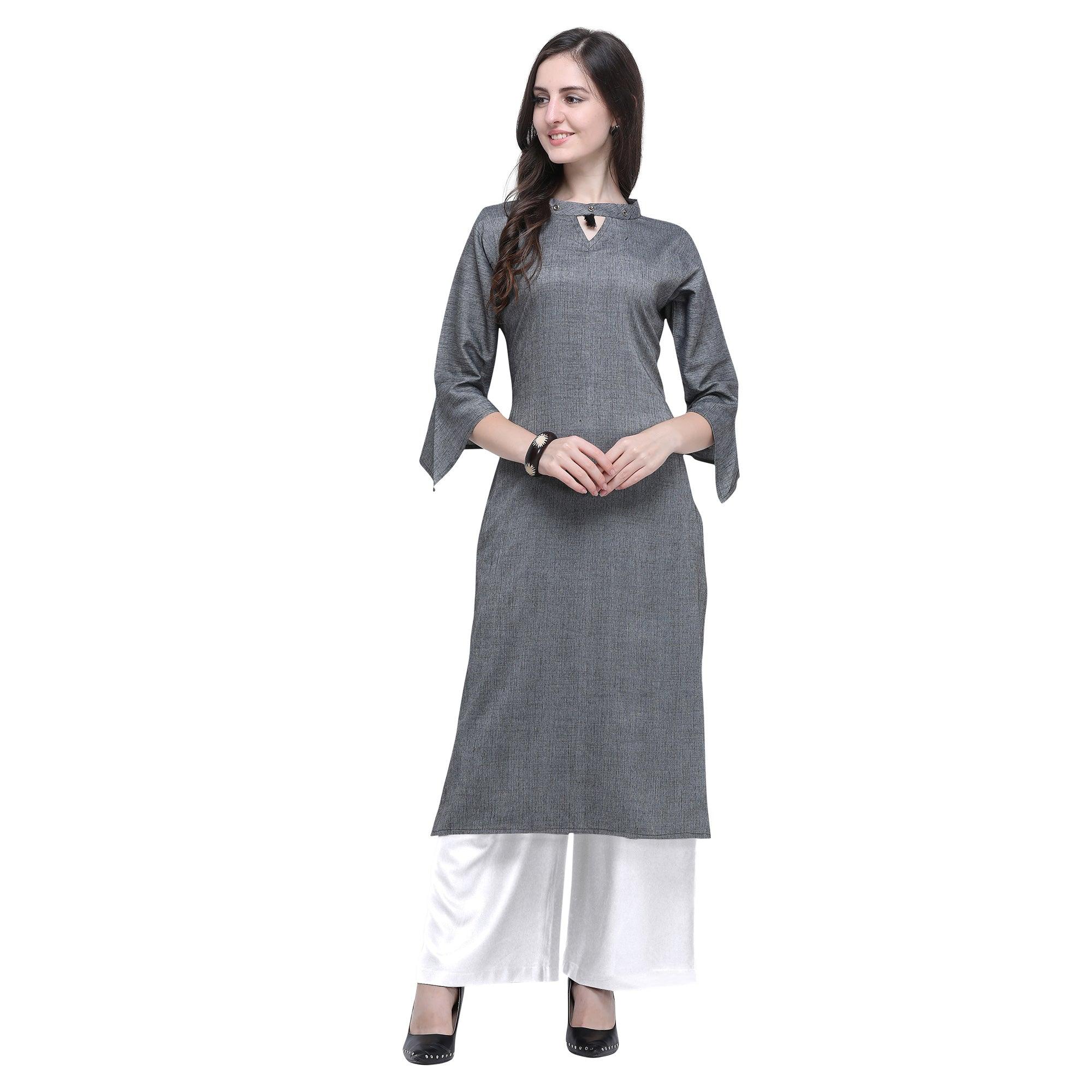 Energetic Grey Colored Casual Wear Embroidered Rayon Kurti-Palazzo Set - Peachmode
