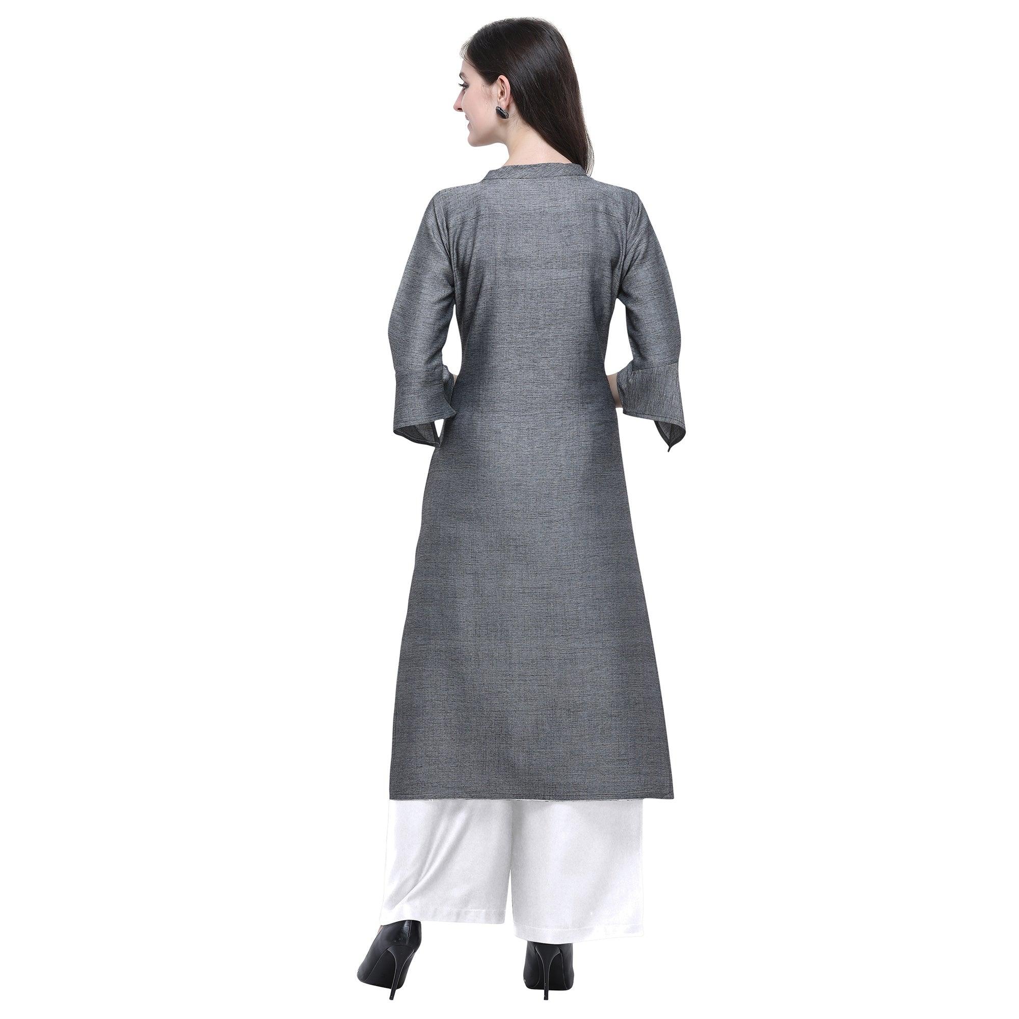 Energetic Grey Colored Casual Wear Embroidered Rayon Kurti-Palazzo Set - Peachmode