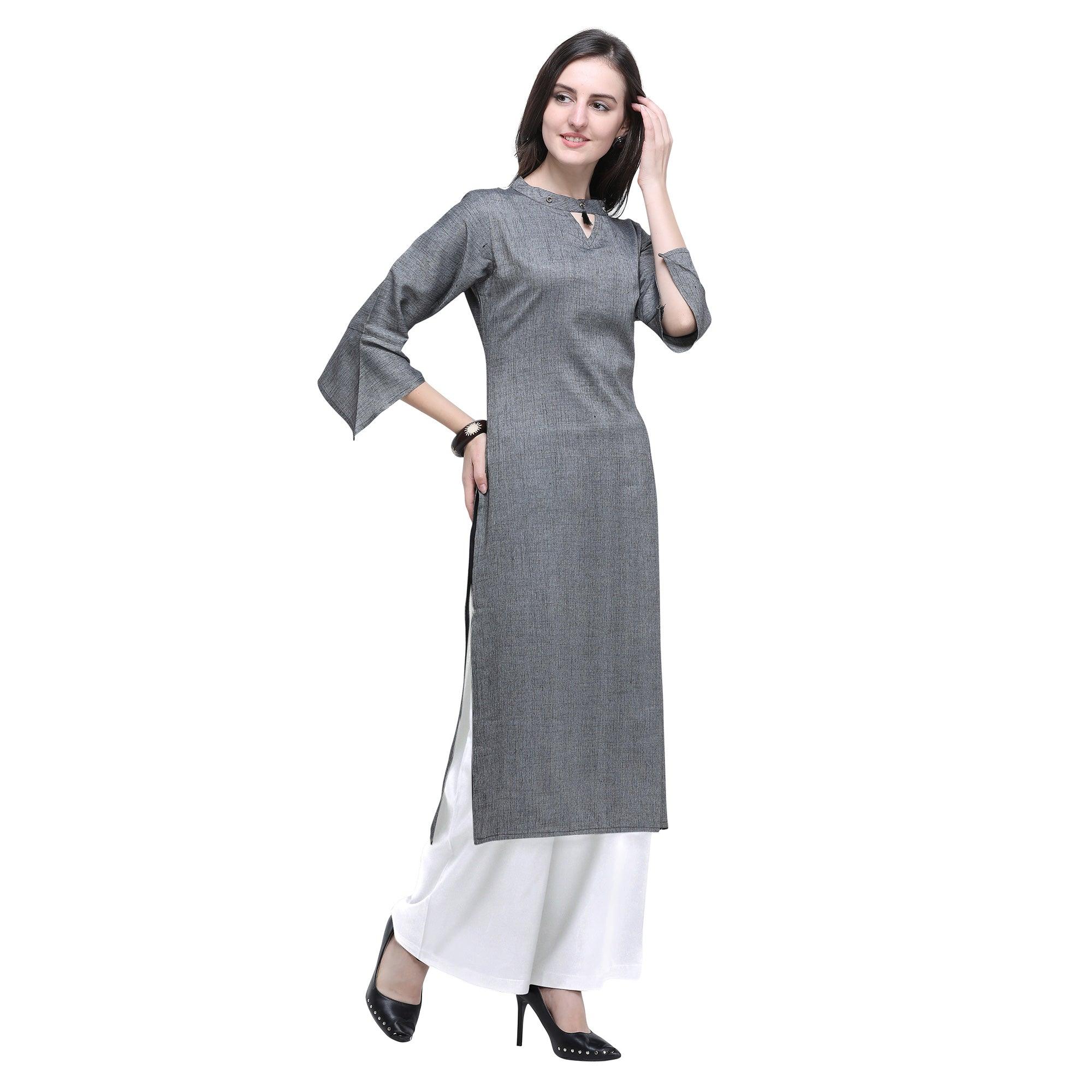 Energetic Grey Colored Casual Wear Embroidered Rayon Kurti-Palazzo Set - Peachmode
