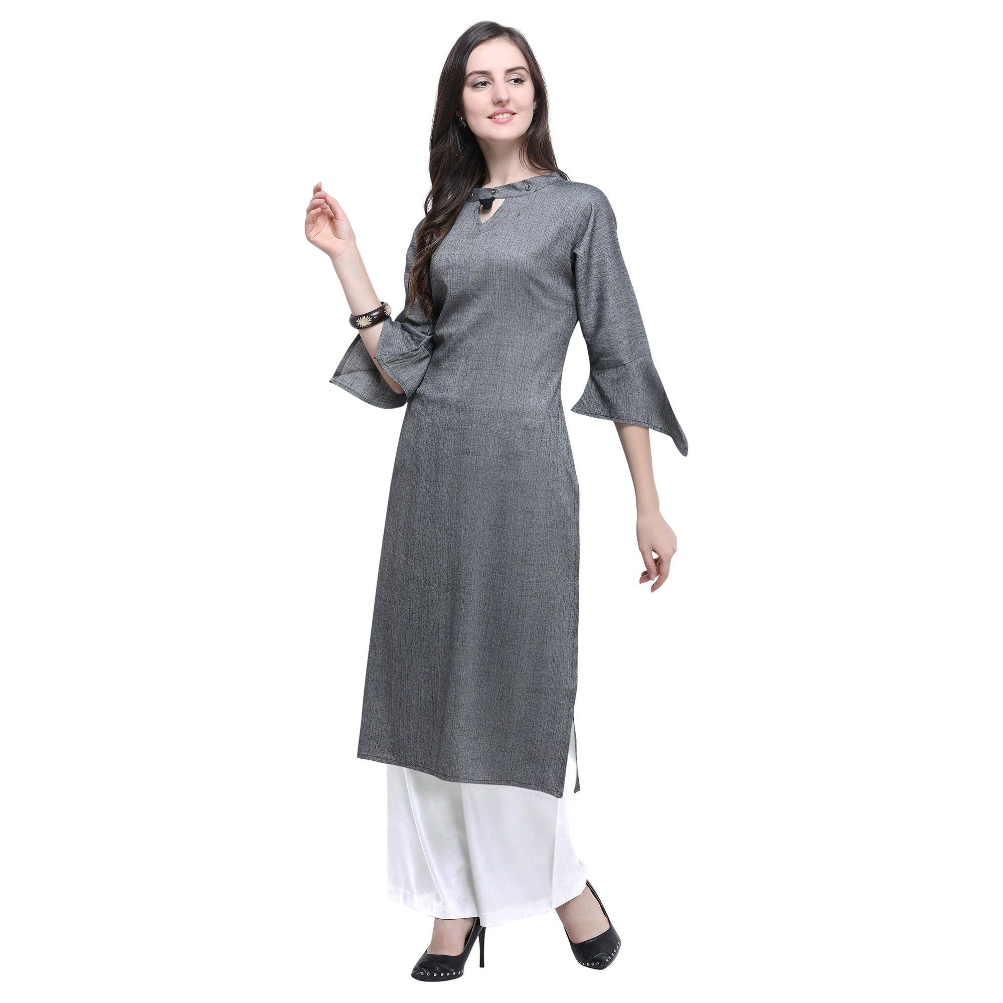 Energetic Grey Colored Casual Wear Embroidered Rayon Kurti-Palazzo Set - Peachmode