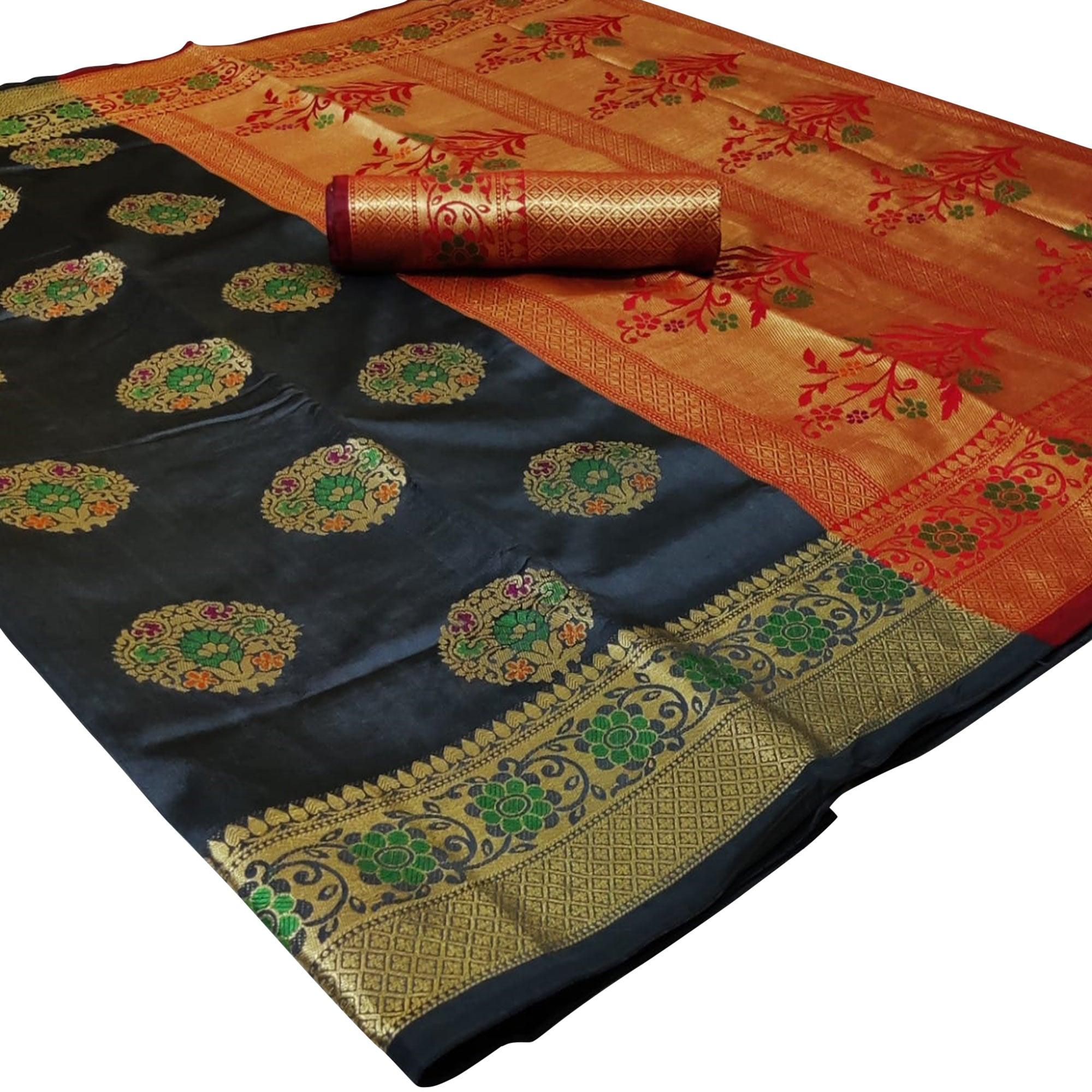 Energetic Grey Colored Festive Wear Woven Silk Saree - Peachmode