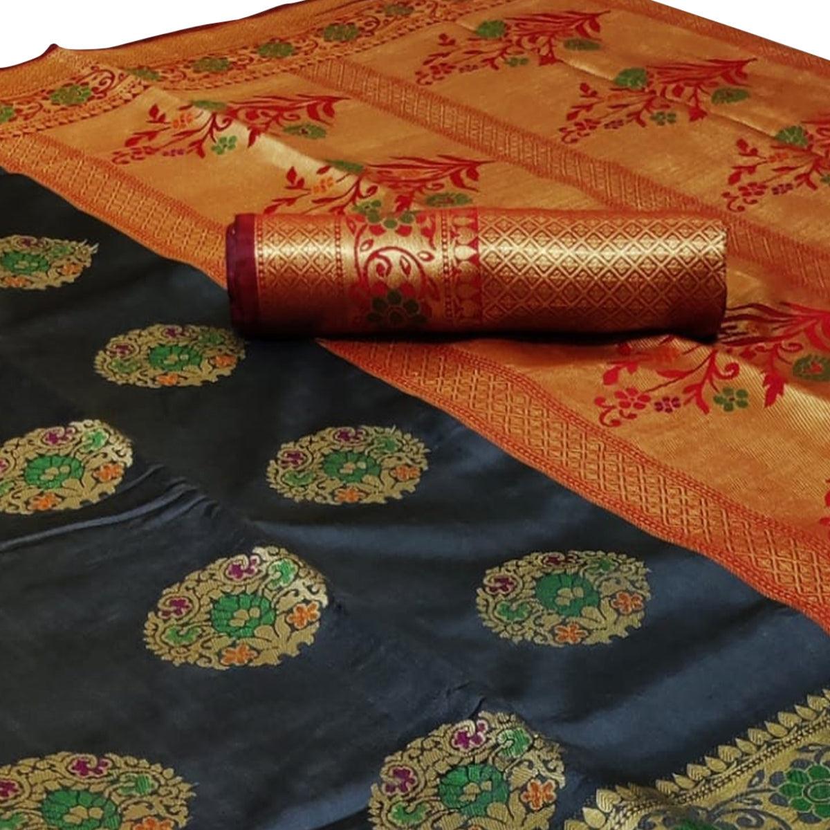 Energetic Grey Colored Festive Wear Woven Silk Saree - Peachmode