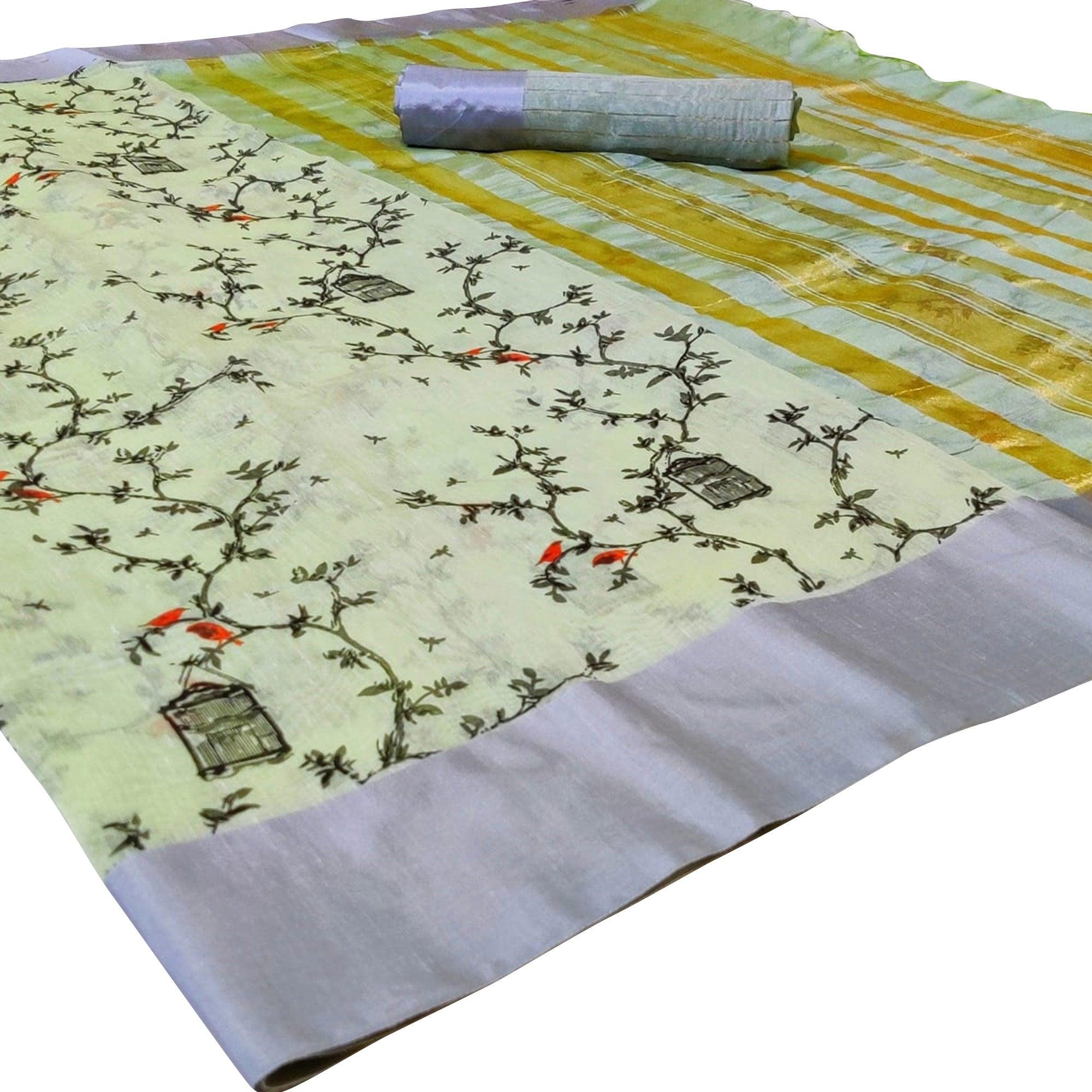Energetic Light Green Colored Casual Printed-Woven Linen Saree With Tassels - Peachmode