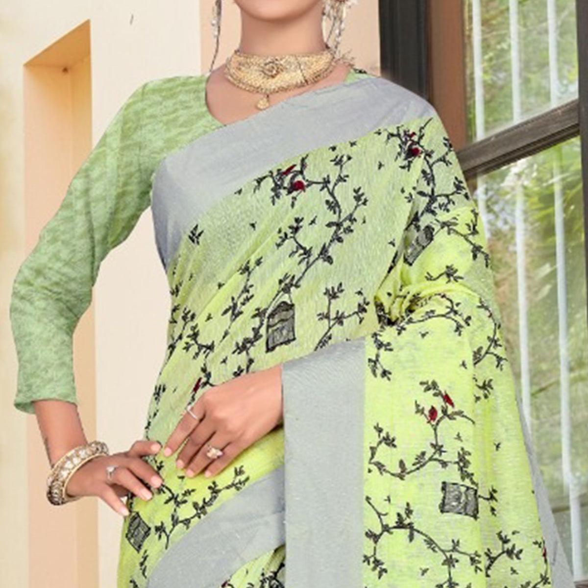 Energetic Light Green Colored Casual Printed-Woven Linen Saree With Tassels - Peachmode