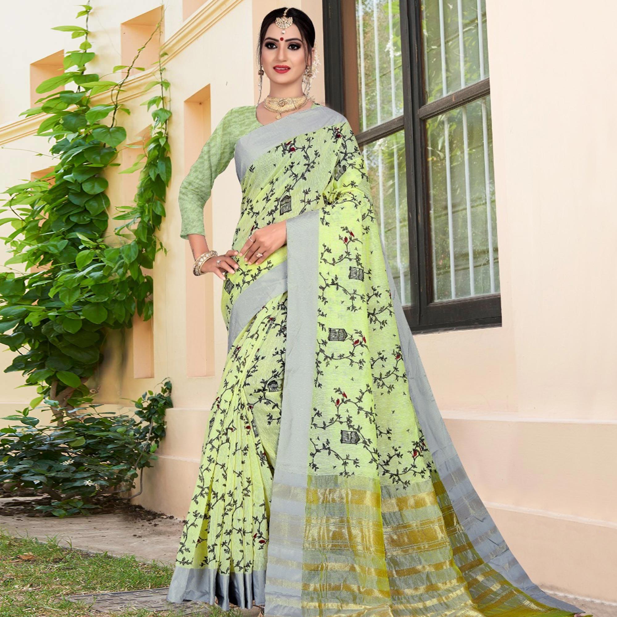 Energetic Light Green Colored Casual Printed-Woven Linen Saree With Tassels - Peachmode