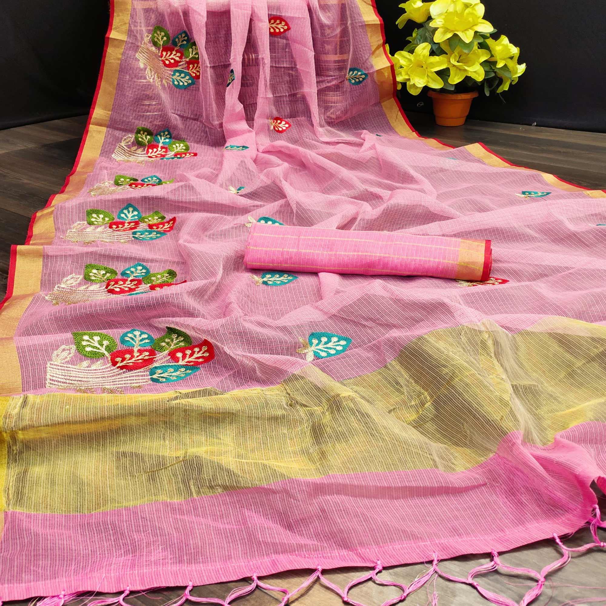Energetic Light Pink Colored Festive Wear Embroidered Silk Saree - Peachmode