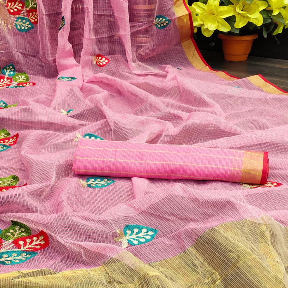 Energetic Light Pink Colored Festive Wear Embroidered Silk Saree - Peachmode