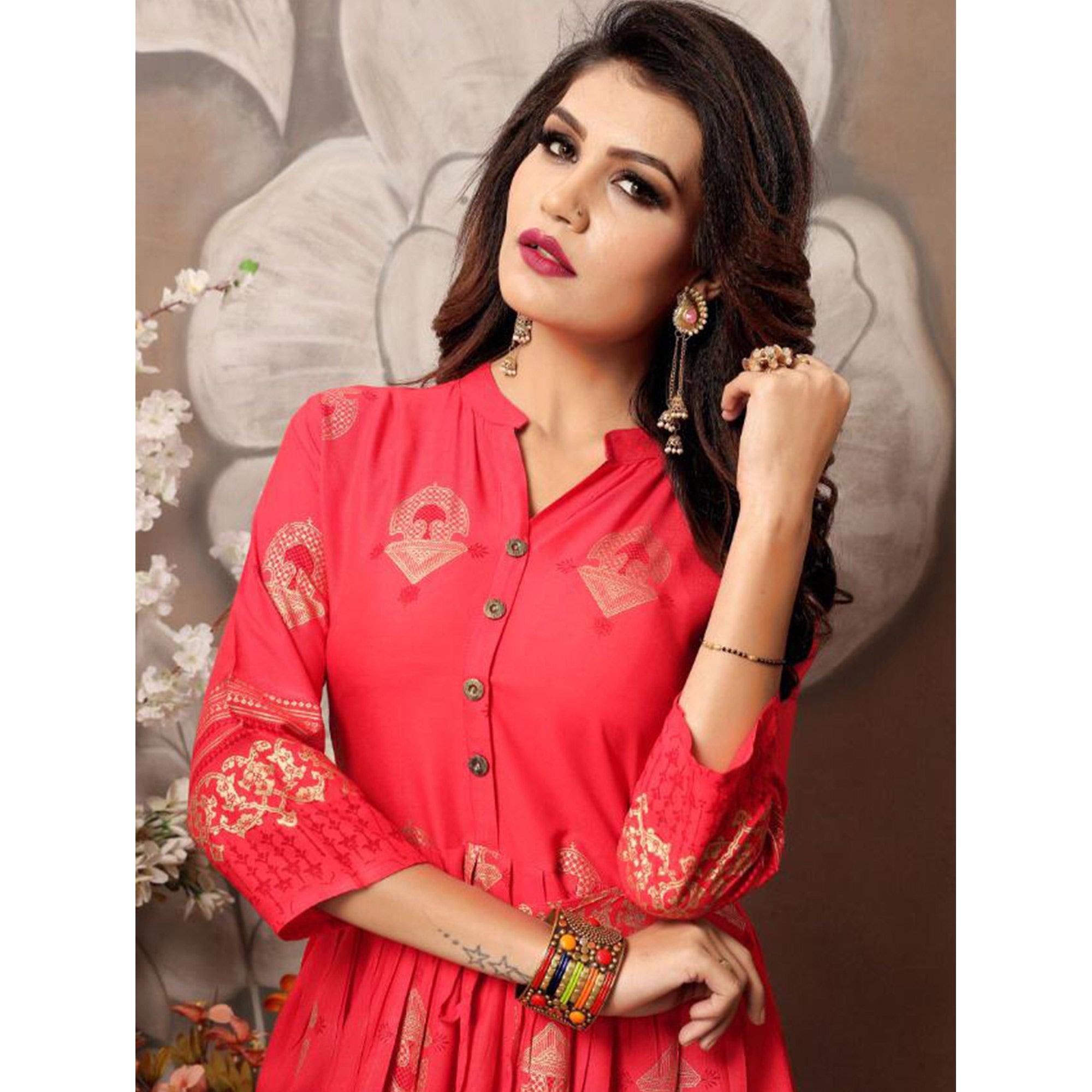 Energetic Light Red Colored Party Wear Foil Block Printed Rayon Kurti - Peachmode