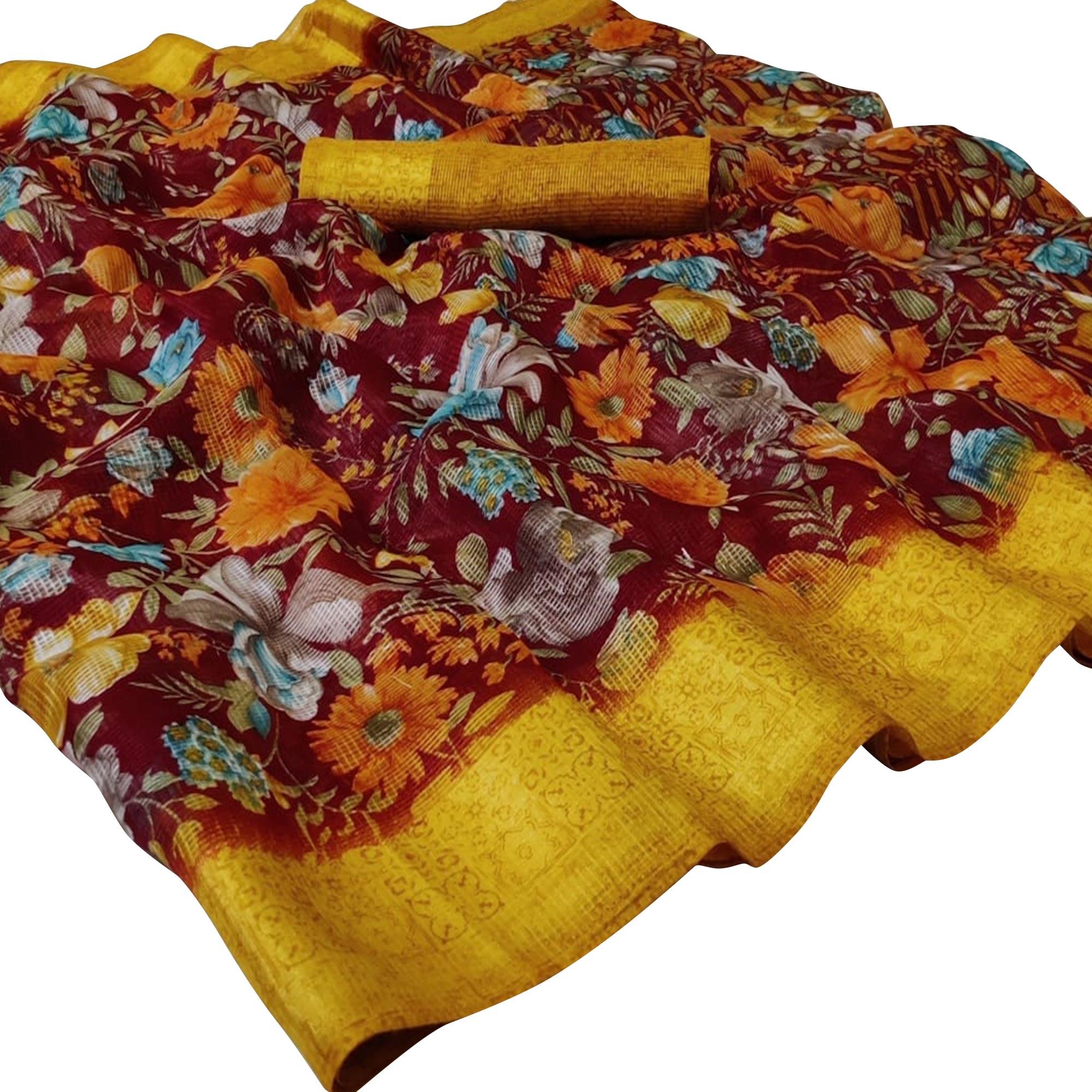 Energetic Maroon Colored Casual Wear Floral Printed Silk Saree - Peachmode