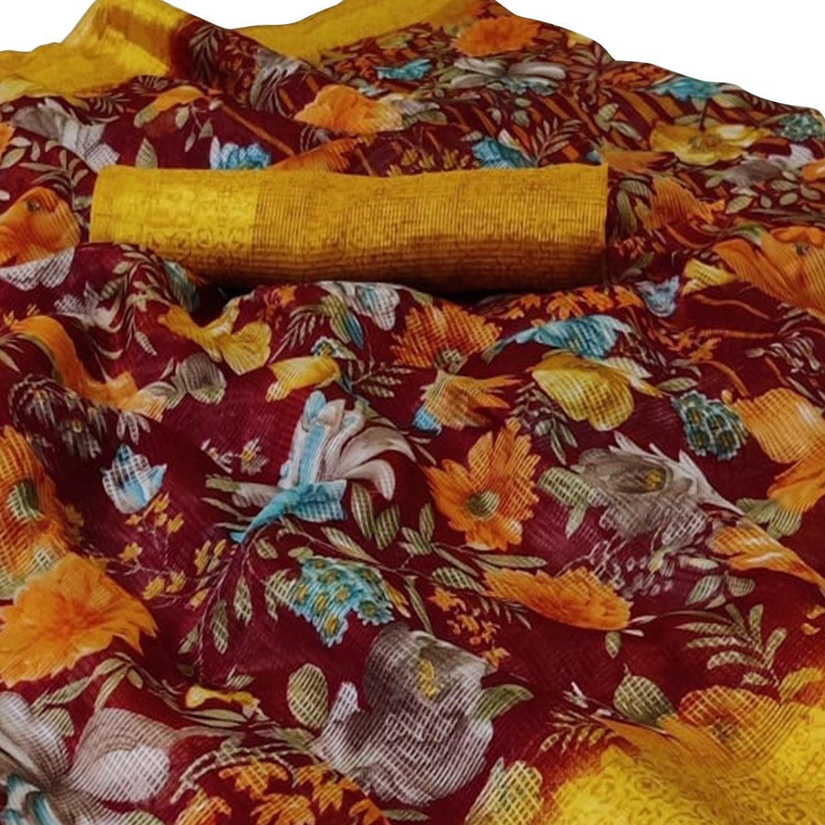 Energetic Maroon Colored Casual Wear Floral Printed Silk Saree - Peachmode