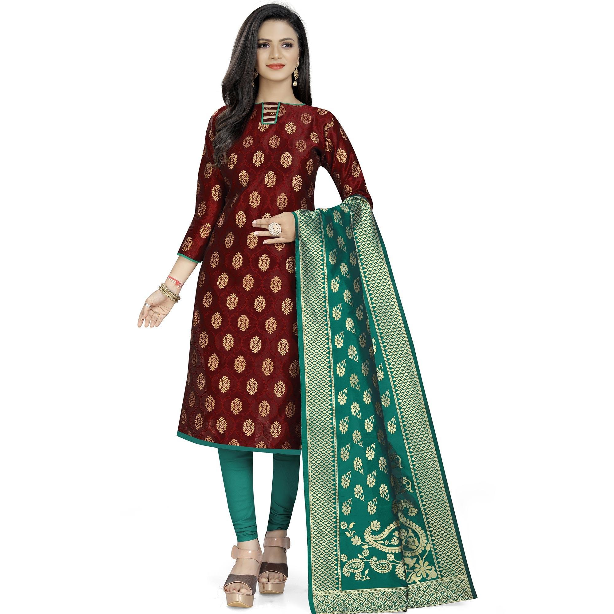 Energetic Maroon Colored Party Wear Woven Banarasi Silk Dress Material - Peachmode