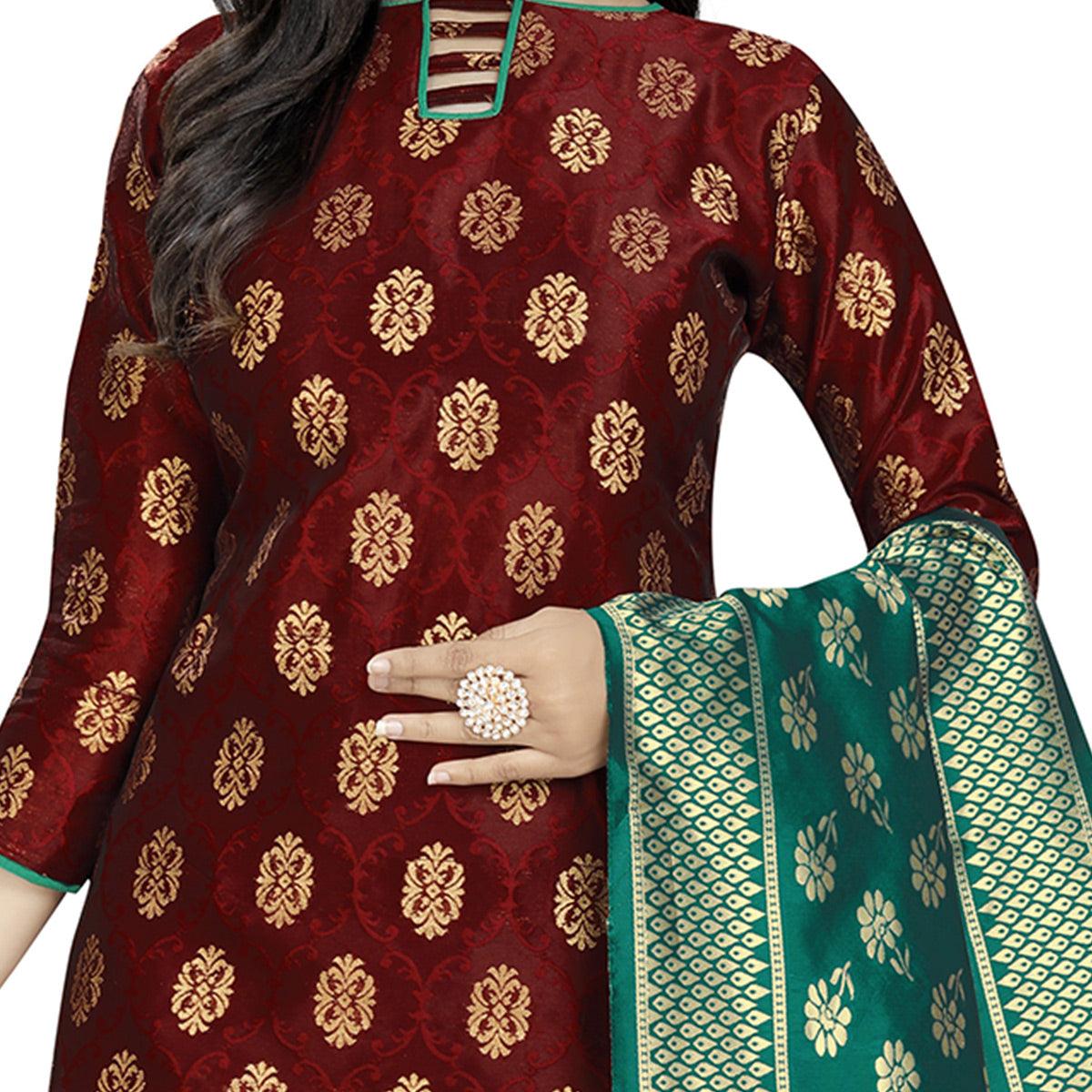 Energetic Maroon Colored Party Wear Woven Banarasi Silk Dress Material - Peachmode
