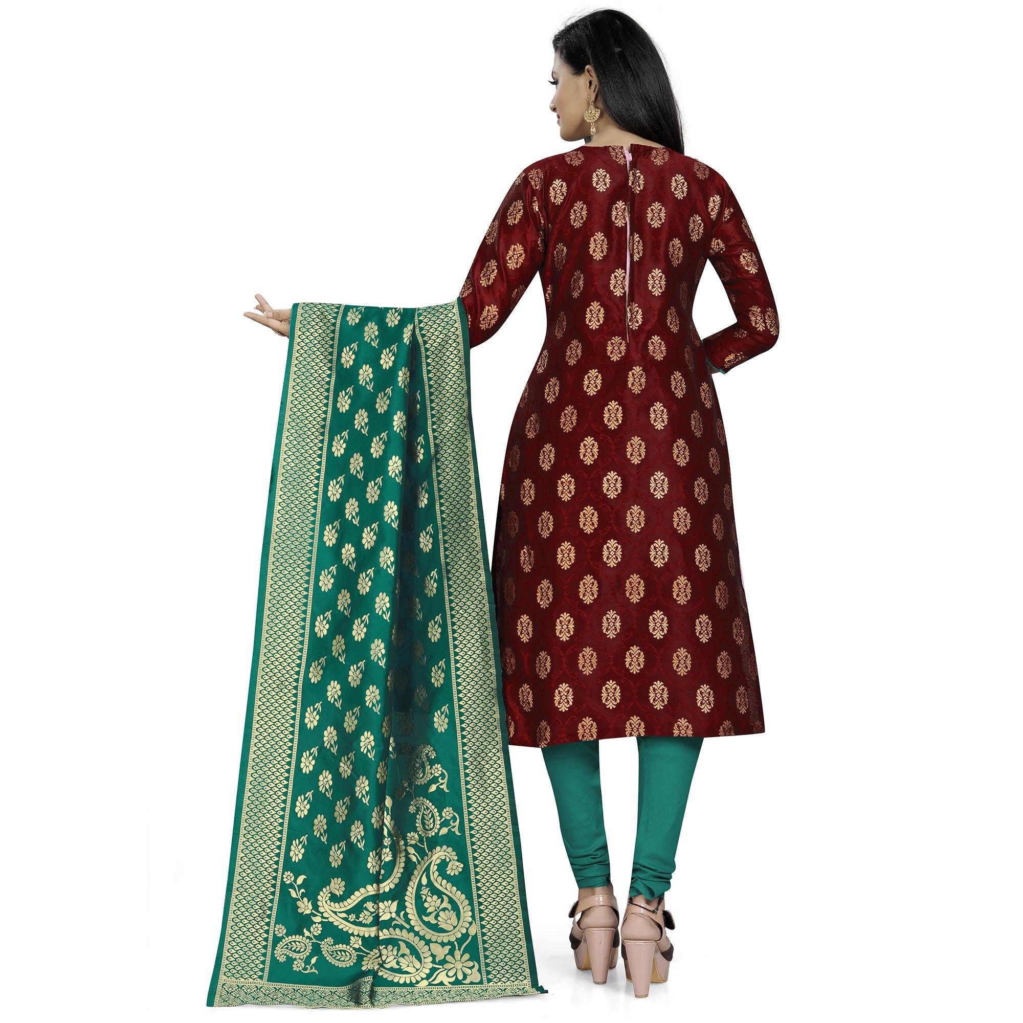 Energetic Maroon Colored Party Wear Woven Banarasi Silk Dress Material - Peachmode