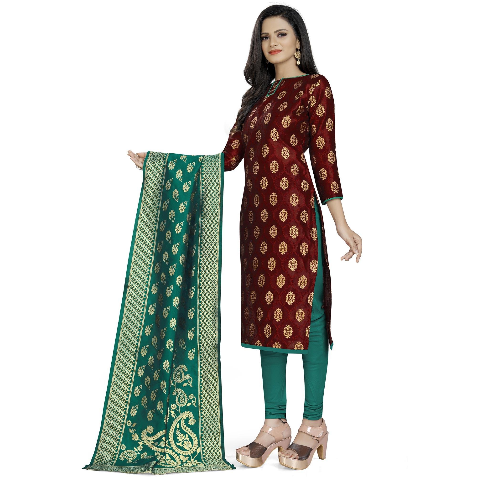 Energetic Maroon Colored Party Wear Woven Banarasi Silk Dress Material - Peachmode