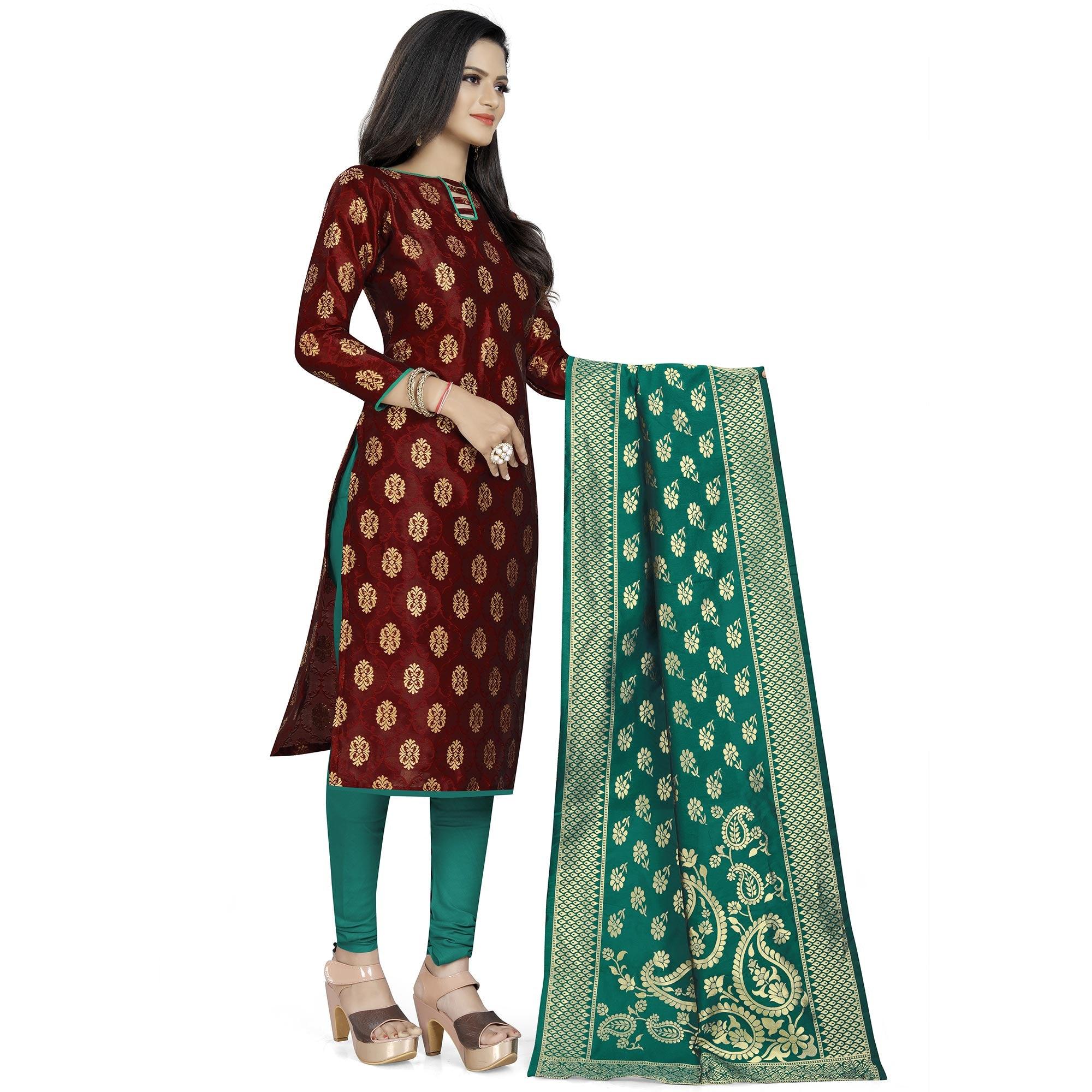 Energetic Maroon Colored Party Wear Woven Banarasi Silk Dress Material - Peachmode