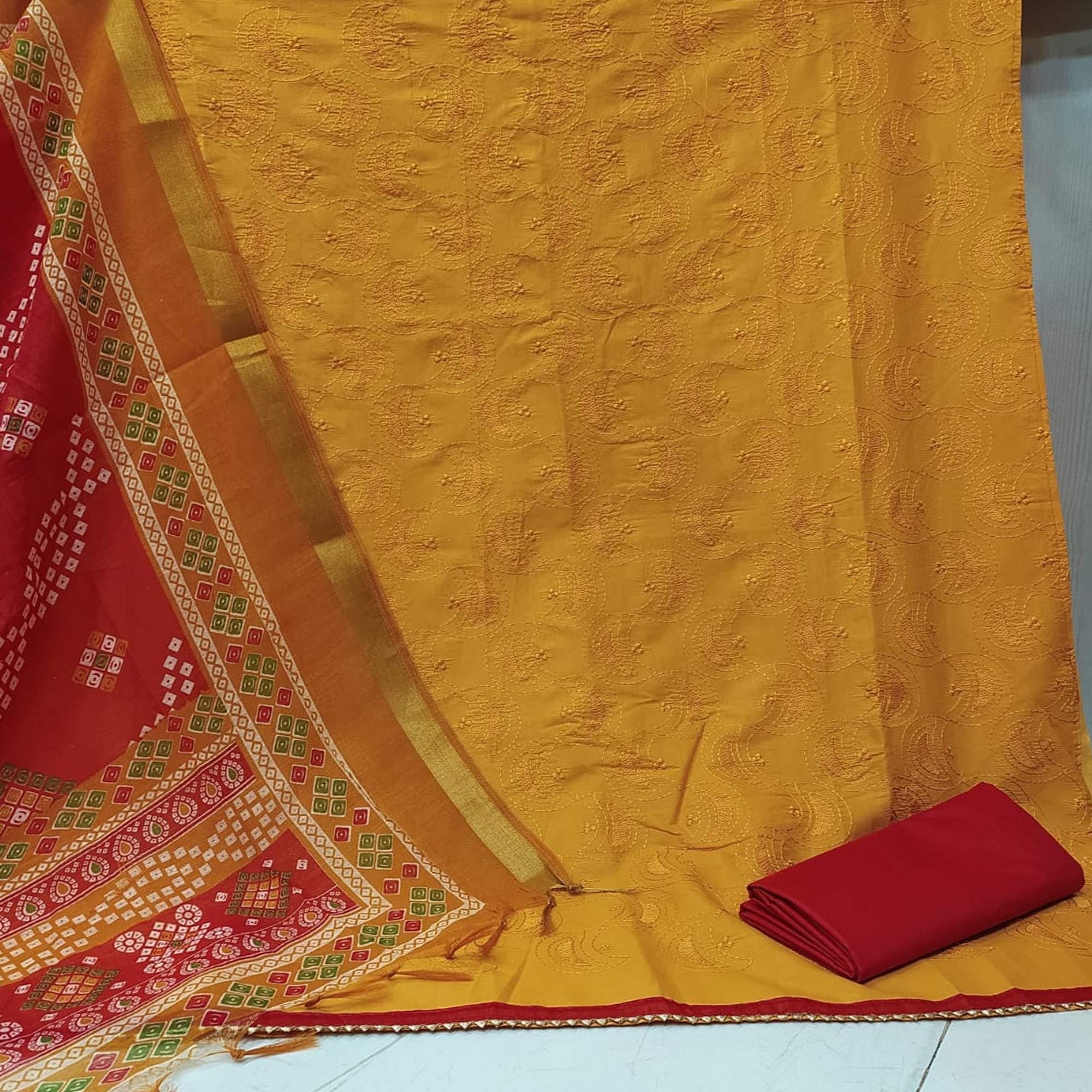 Energetic Mustard Yellow Colored Casual Wear Embroidered Cotton Dress Material - Peachmode