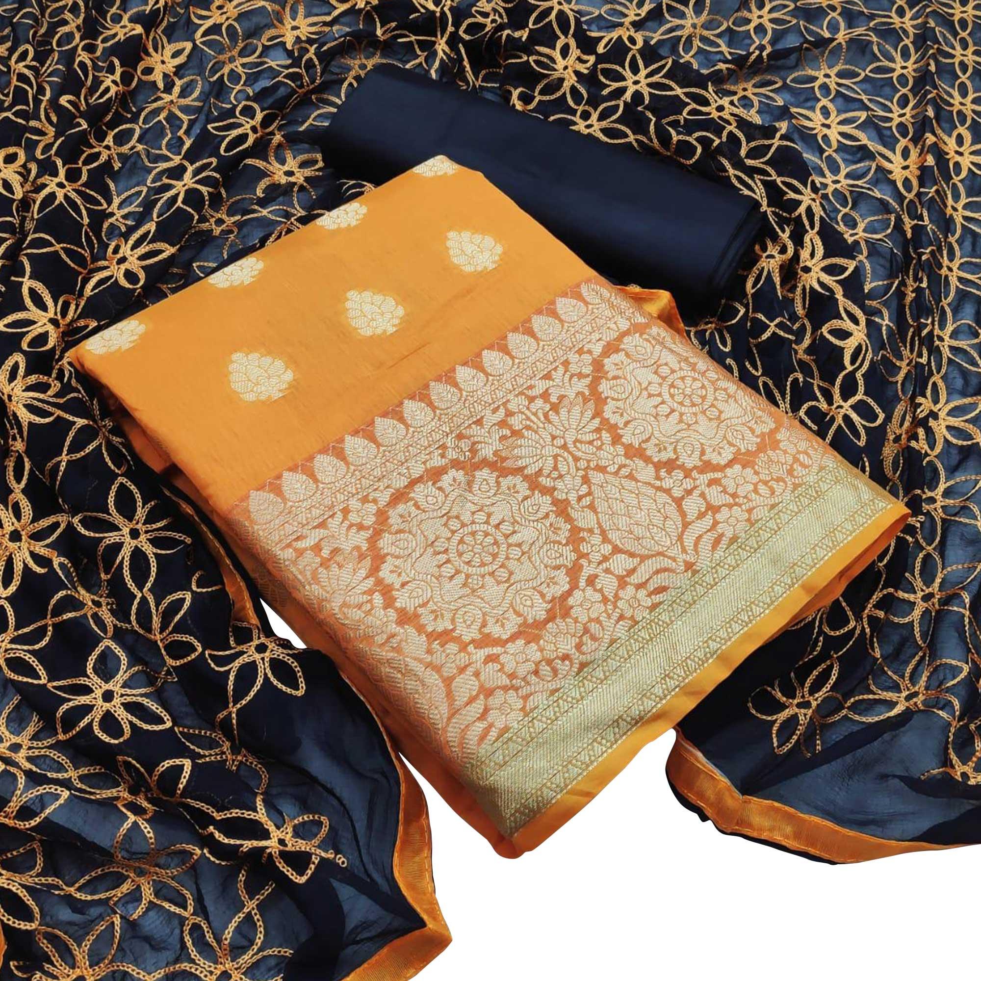 Energetic Mustard Yellow Colored Casual Wear Woven Banarasi Silk Dress Material - Peachmode