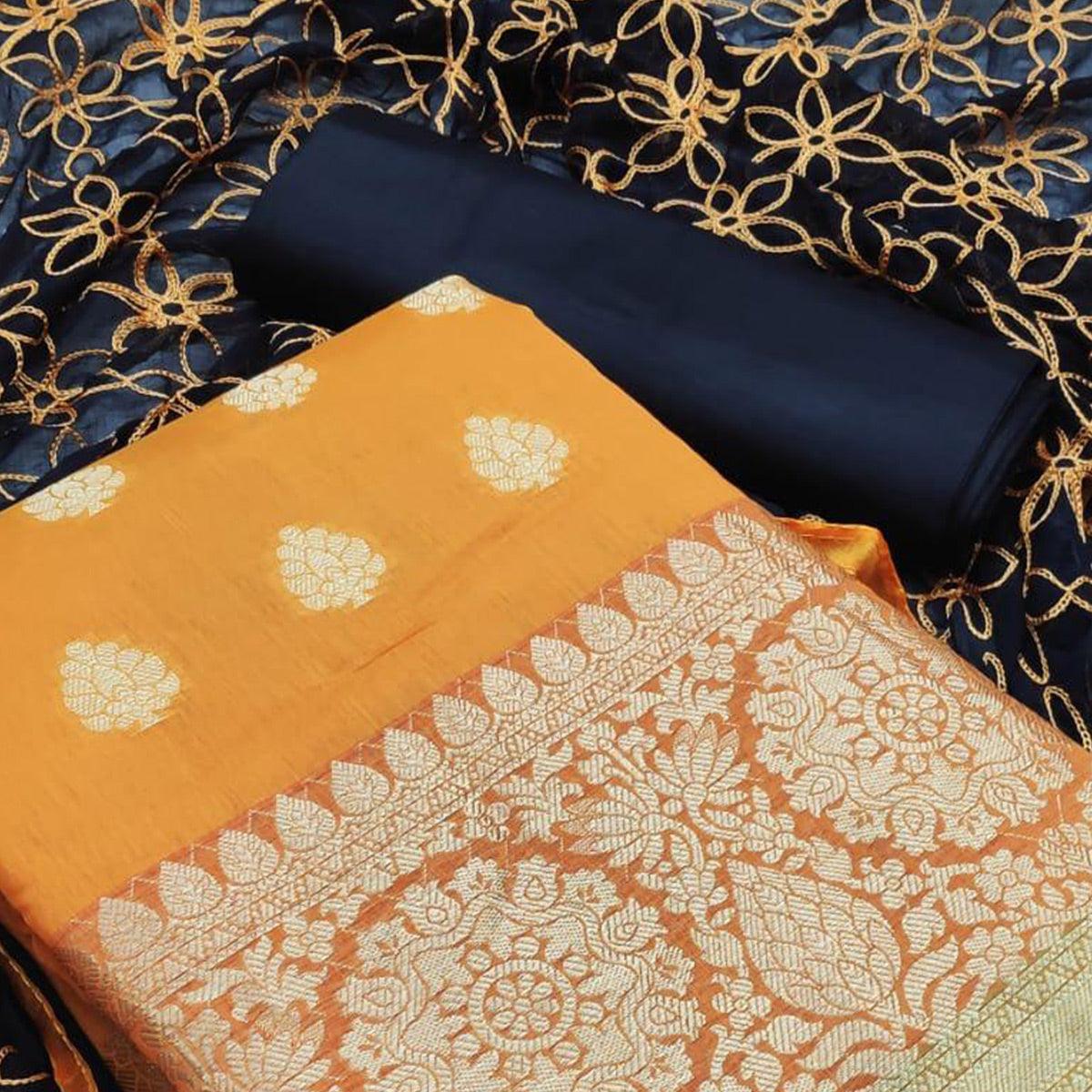 Energetic Mustard Yellow Colored Casual Wear Woven Banarasi Silk Dress Material - Peachmode