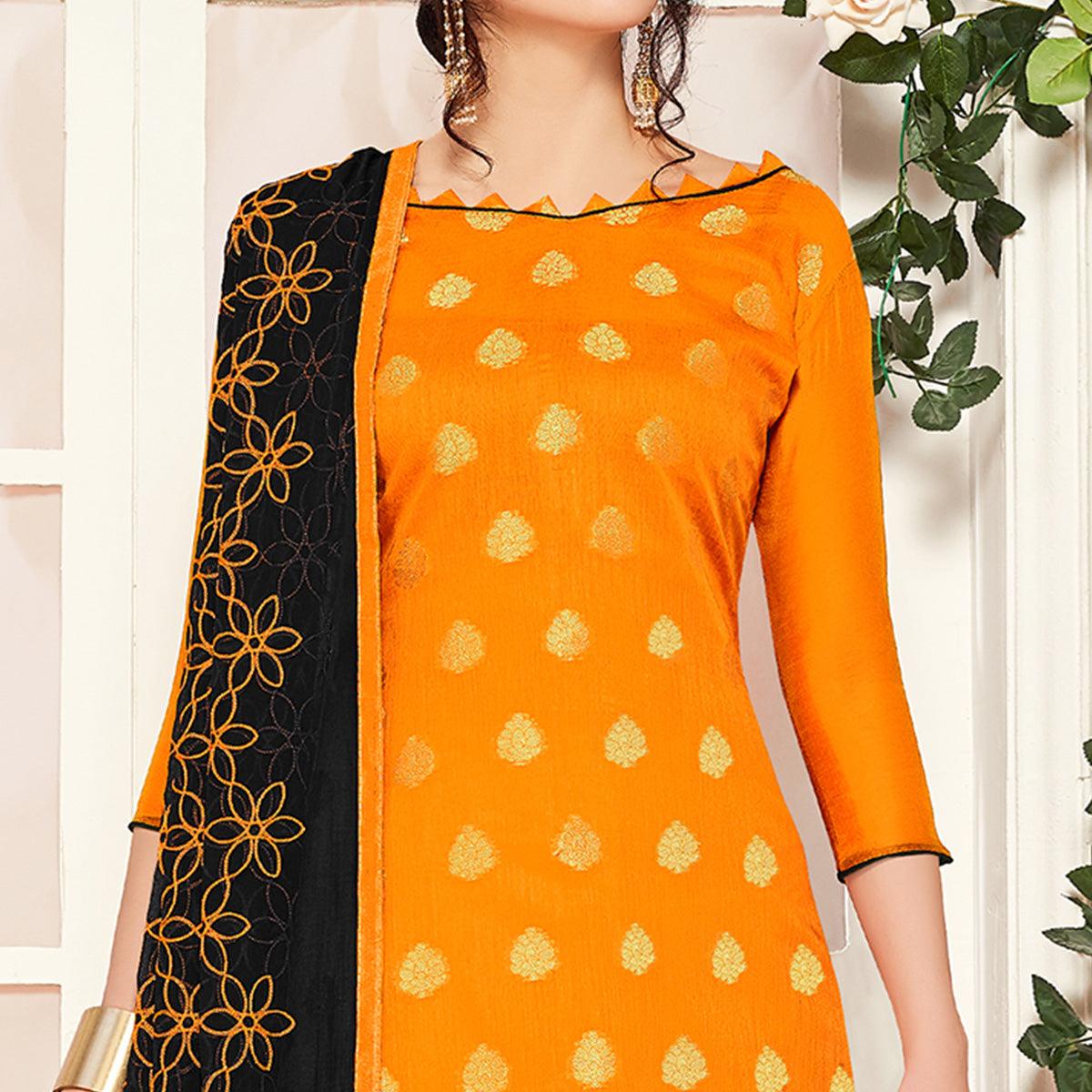 Energetic Mustard Yellow Colored Casual Wear Woven Banarasi Silk Dress Material - Peachmode