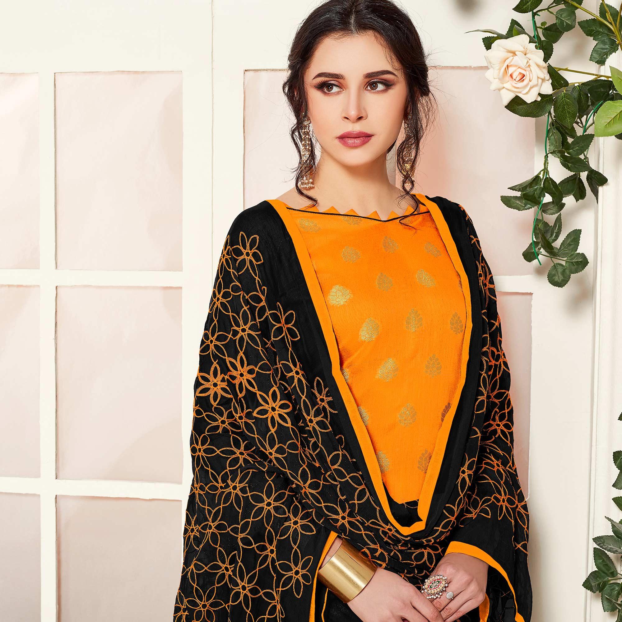 Energetic Mustard Yellow Colored Casual Wear Woven Banarasi Silk Dress Material - Peachmode