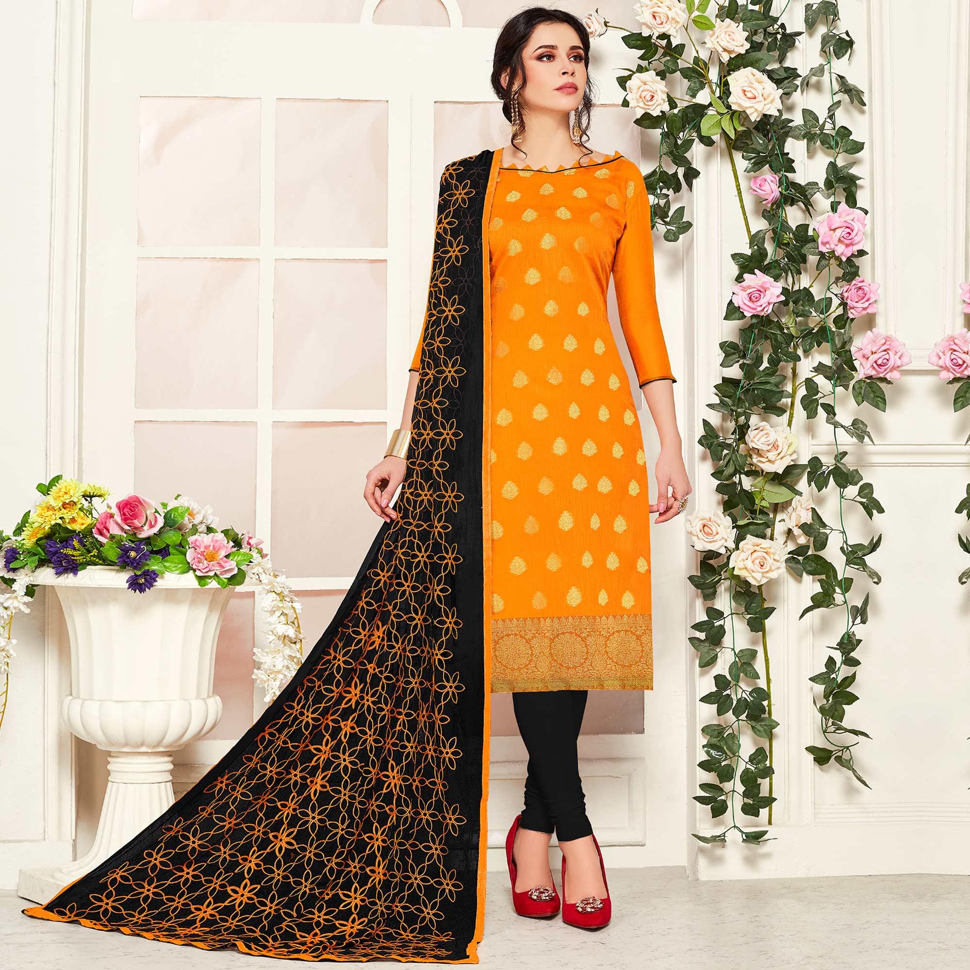 Energetic Mustard Yellow Colored Casual Wear Woven Banarasi Silk Dress Material - Peachmode