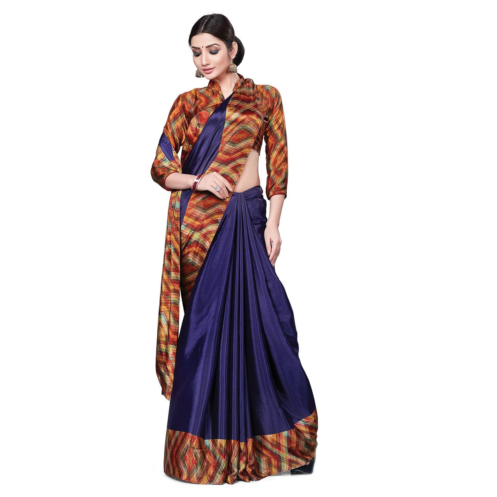 Energetic Navy Blue Colored Casual Wear Printed Crepe Saree - Peachmode