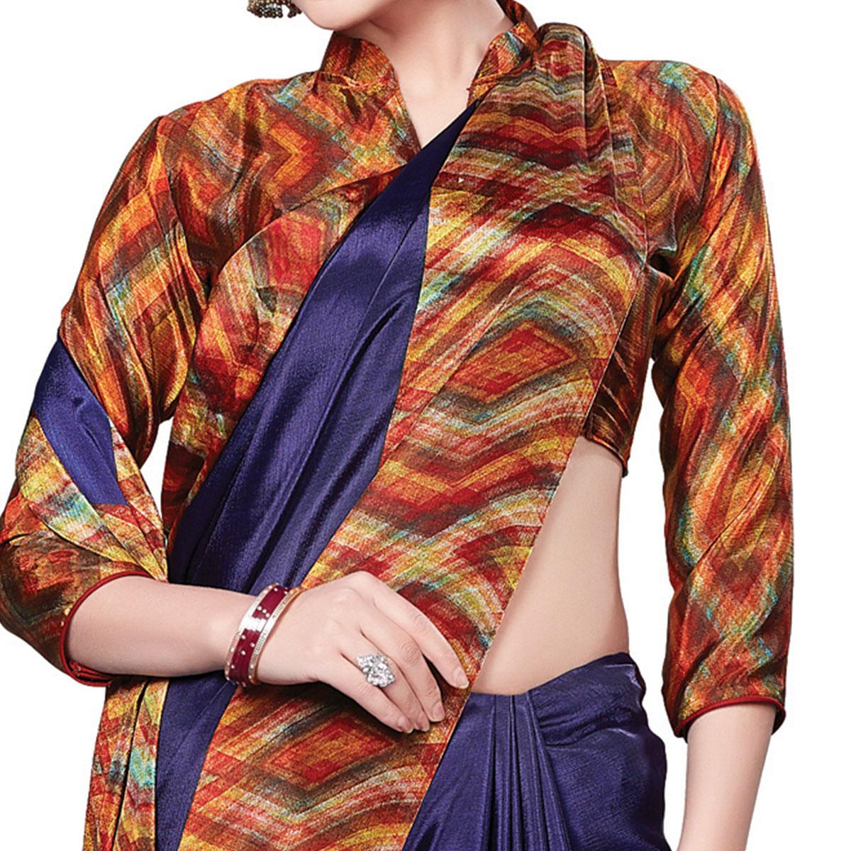 Energetic Navy Blue Colored Casual Wear Printed Crepe Saree - Peachmode