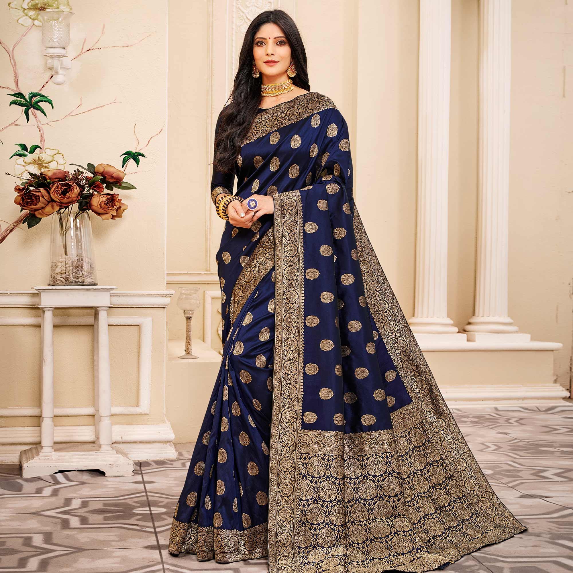 Energetic Navy Blue Colored Festive Wear Woven Banarasi Silk Saree - Peachmode