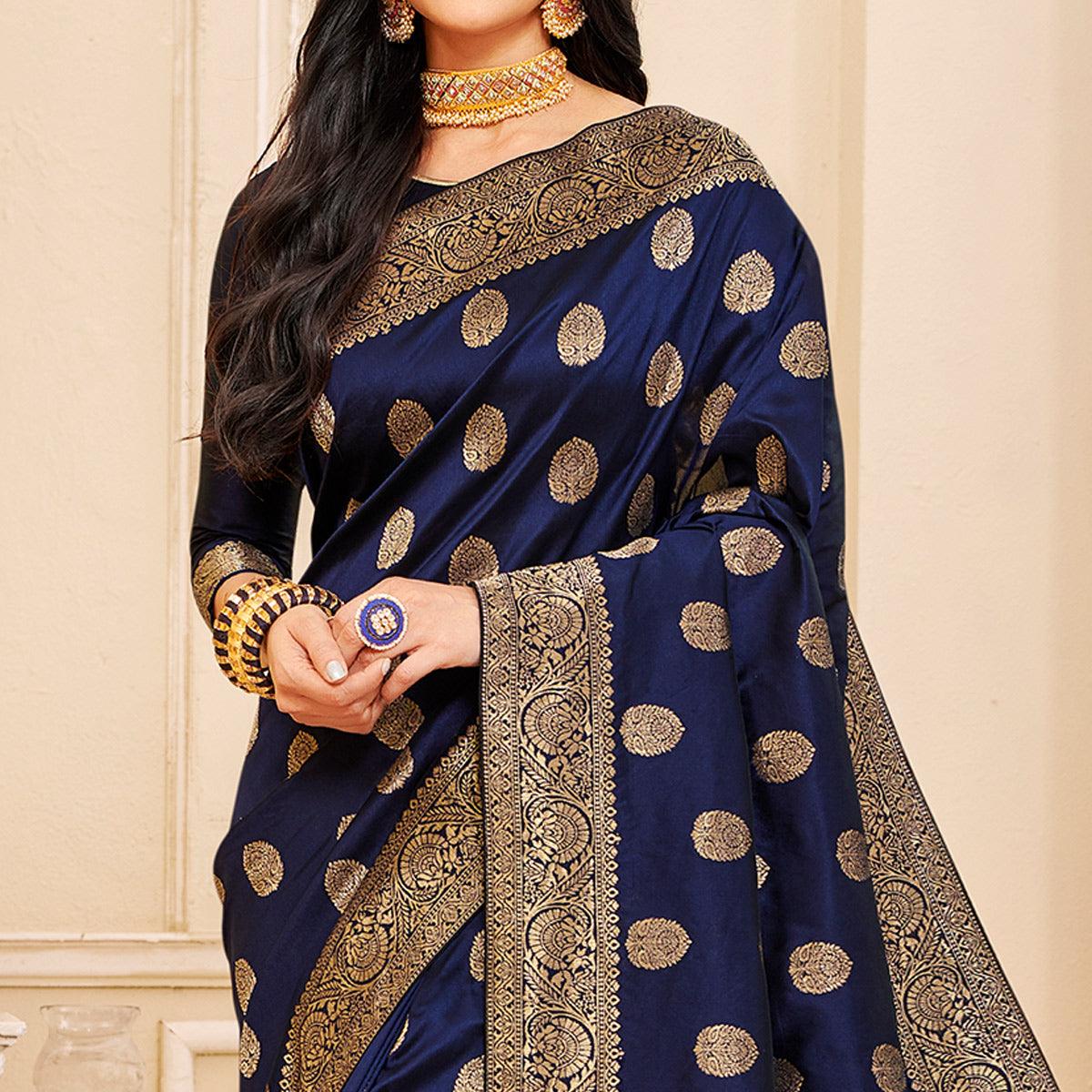 Energetic Navy Blue Colored Festive Wear Woven Banarasi Silk Saree - Peachmode