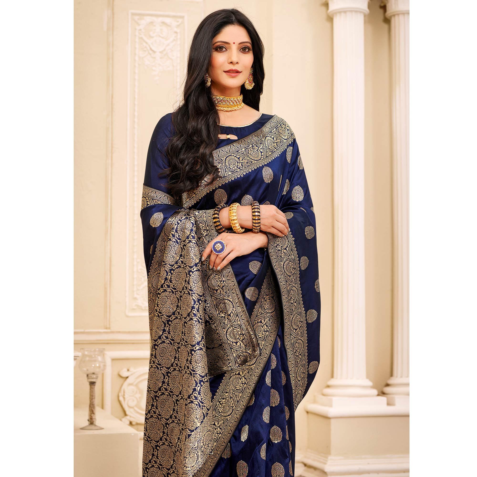 Energetic Navy Blue Colored Festive Wear Woven Banarasi Silk Saree - Peachmode