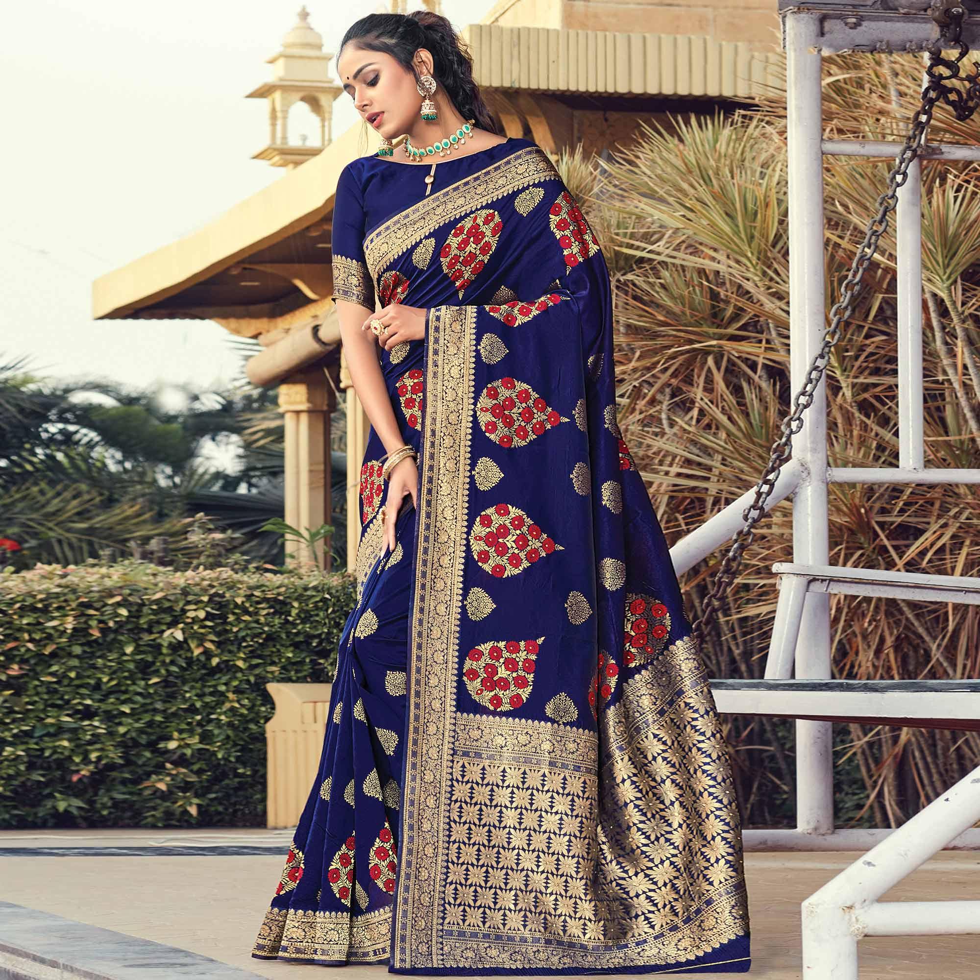 Energetic Navy Blue Colored Festive Wear Woven Silk Saree - Peachmode