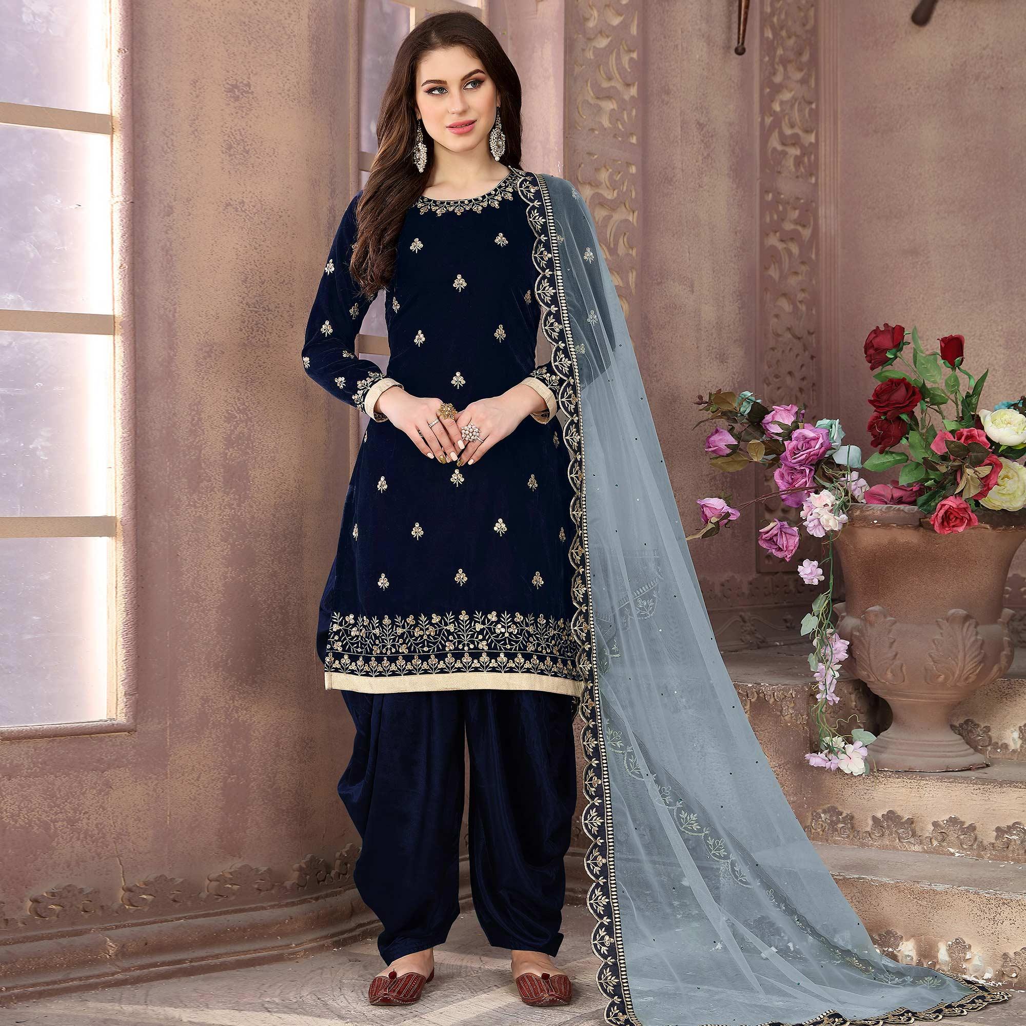 Energetic Navy Blue Colored Partywear Embroidered Velvet Patiala Suit - Peachmode