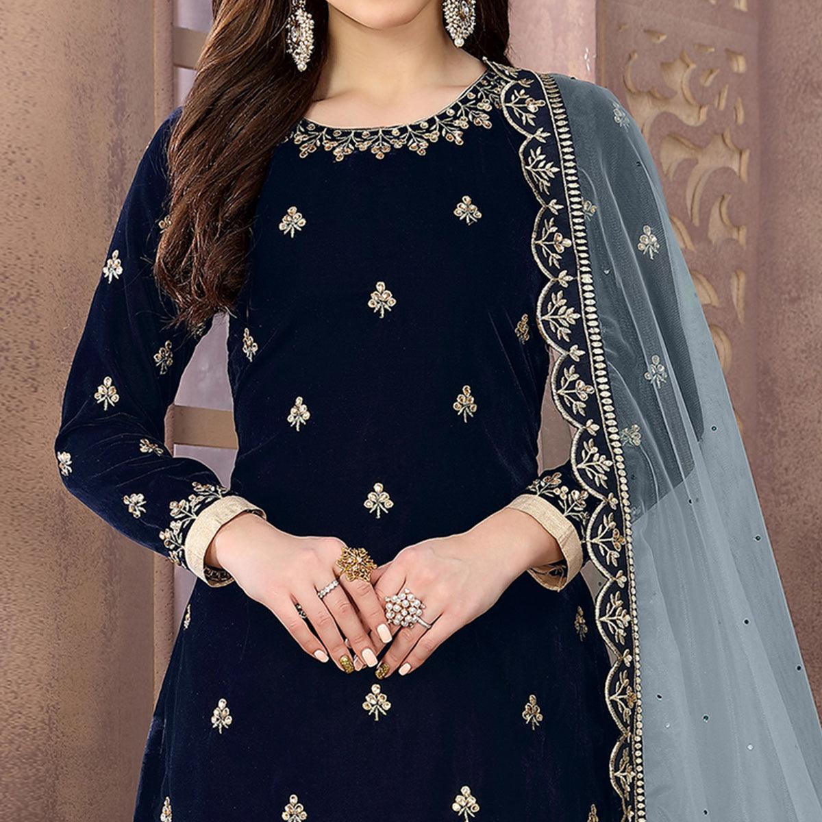 Energetic Navy Blue Colored Partywear Embroidered Velvet Patiala Suit - Peachmode