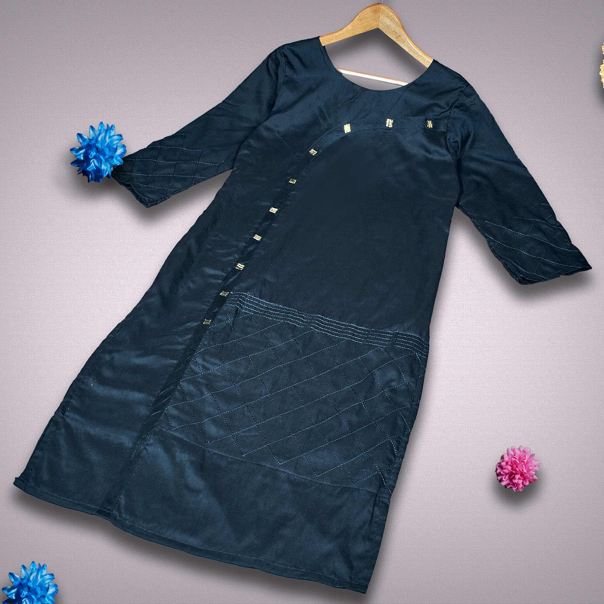 Energetic Navy Blue Colored Partywear Embroidered Viscose Kurti - Peachmode