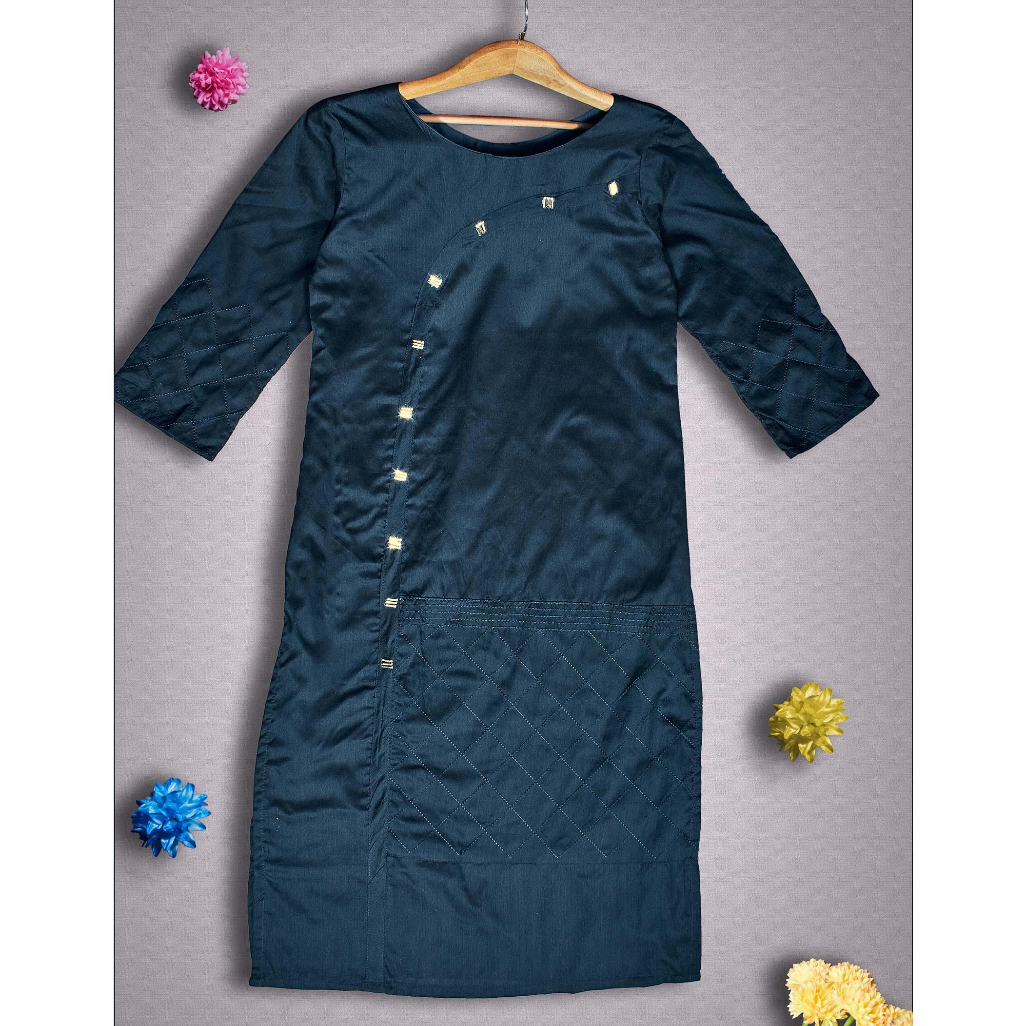 Energetic Navy Blue Colored Partywear Embroidered Viscose Kurti - Peachmode